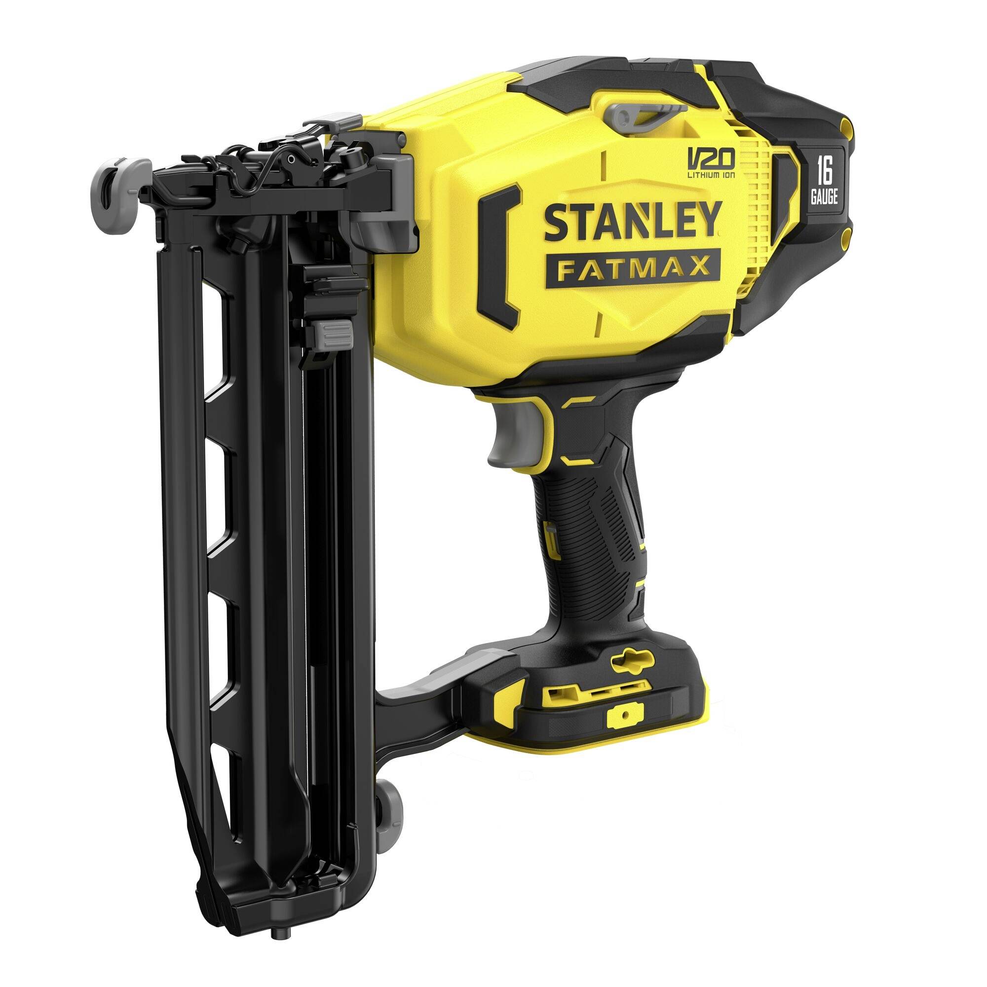 L'image montre un cloueur sans fil Stanley Fatmax V20 de calibre 16 jaune et noir, mettant en évidence son design compact et sa chambre à clous noire.