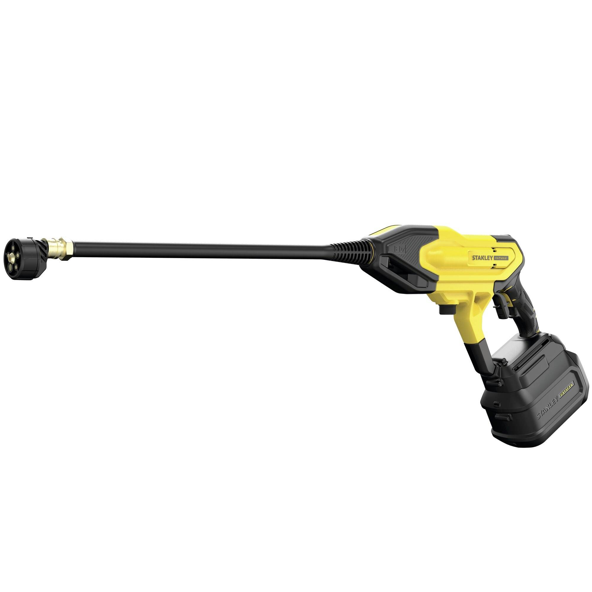 Nettoyeur haute pression portable de marque 'Stanley' en jaune et noir, doté d'une longue buse et d'un design compact.