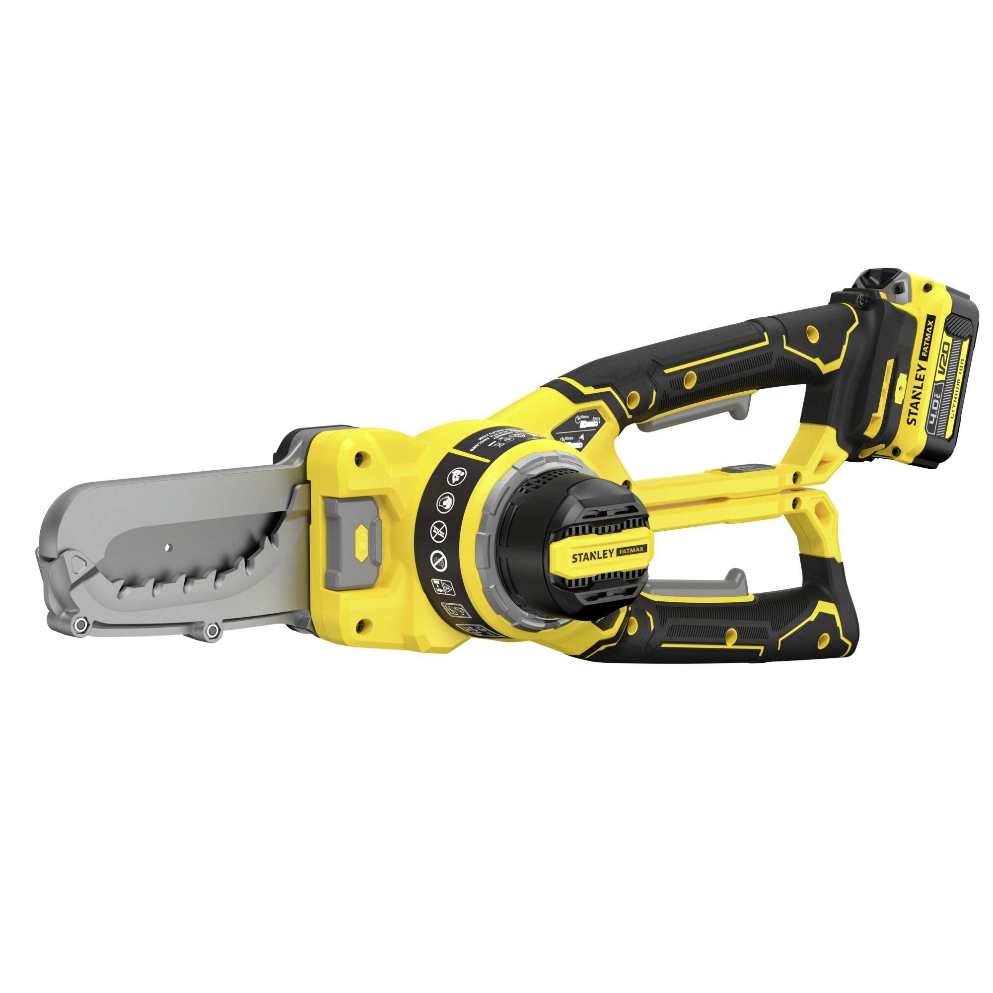 Une tronçonneuse portative jaune et noire avec un bloc-batterie intégré, conçue pour les tâches de coupe efficaces.