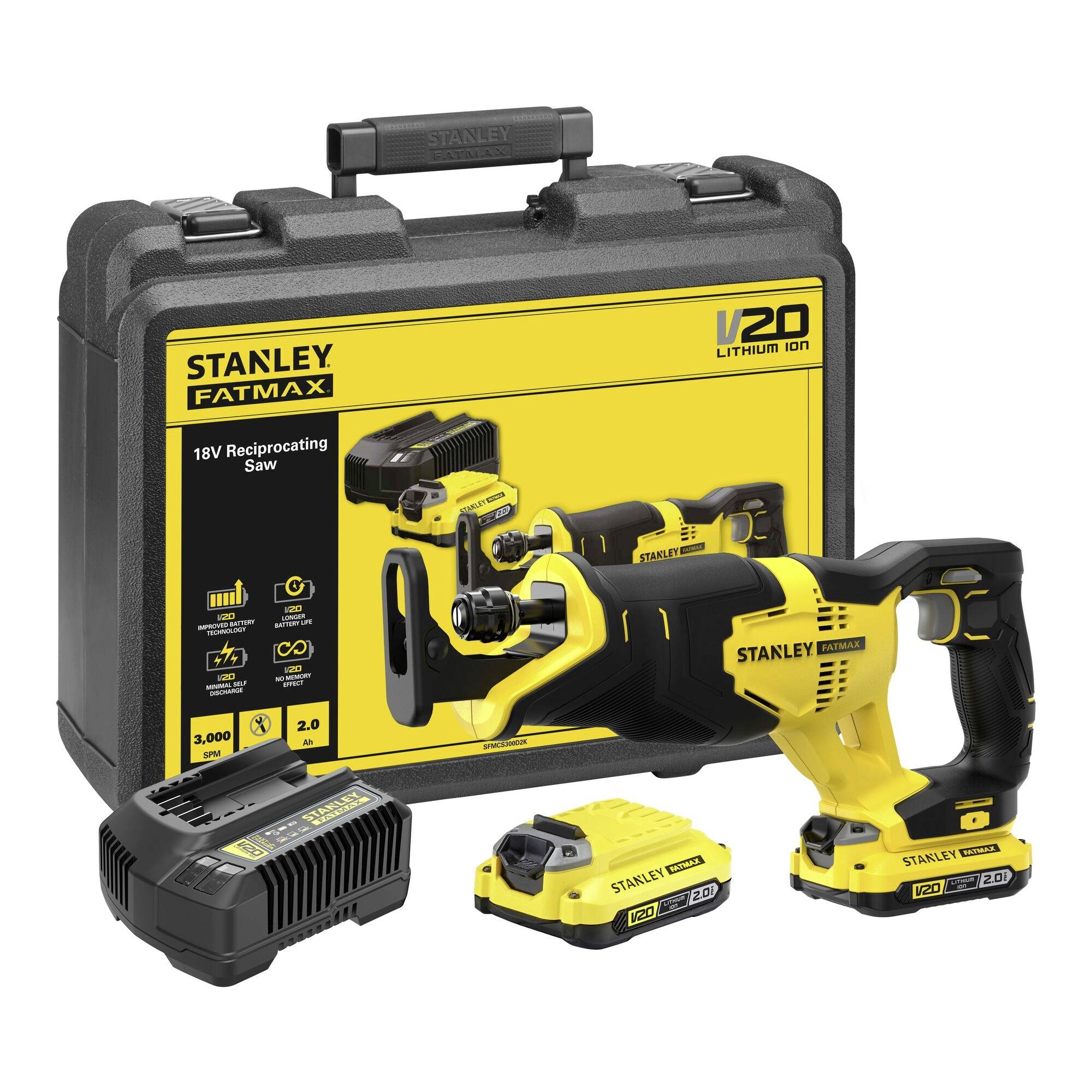 Ensemble d'outils Stanley comprenant une scie réciproquante 18V, deux batteries, un chargeur et un étui de transport, tous dans une conception noir et jaune.