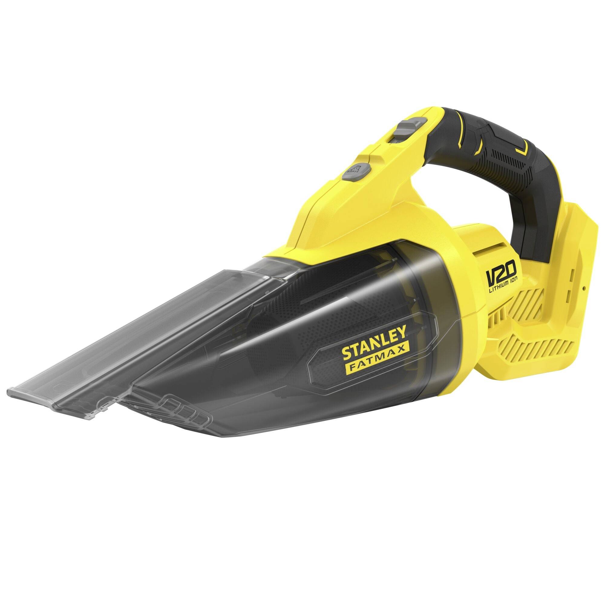 Un aspirateur à main jaune portative étiqueté « Stanley Fatmax V20 » avec un design épuré et des accents noirs, sur un fond blanc.