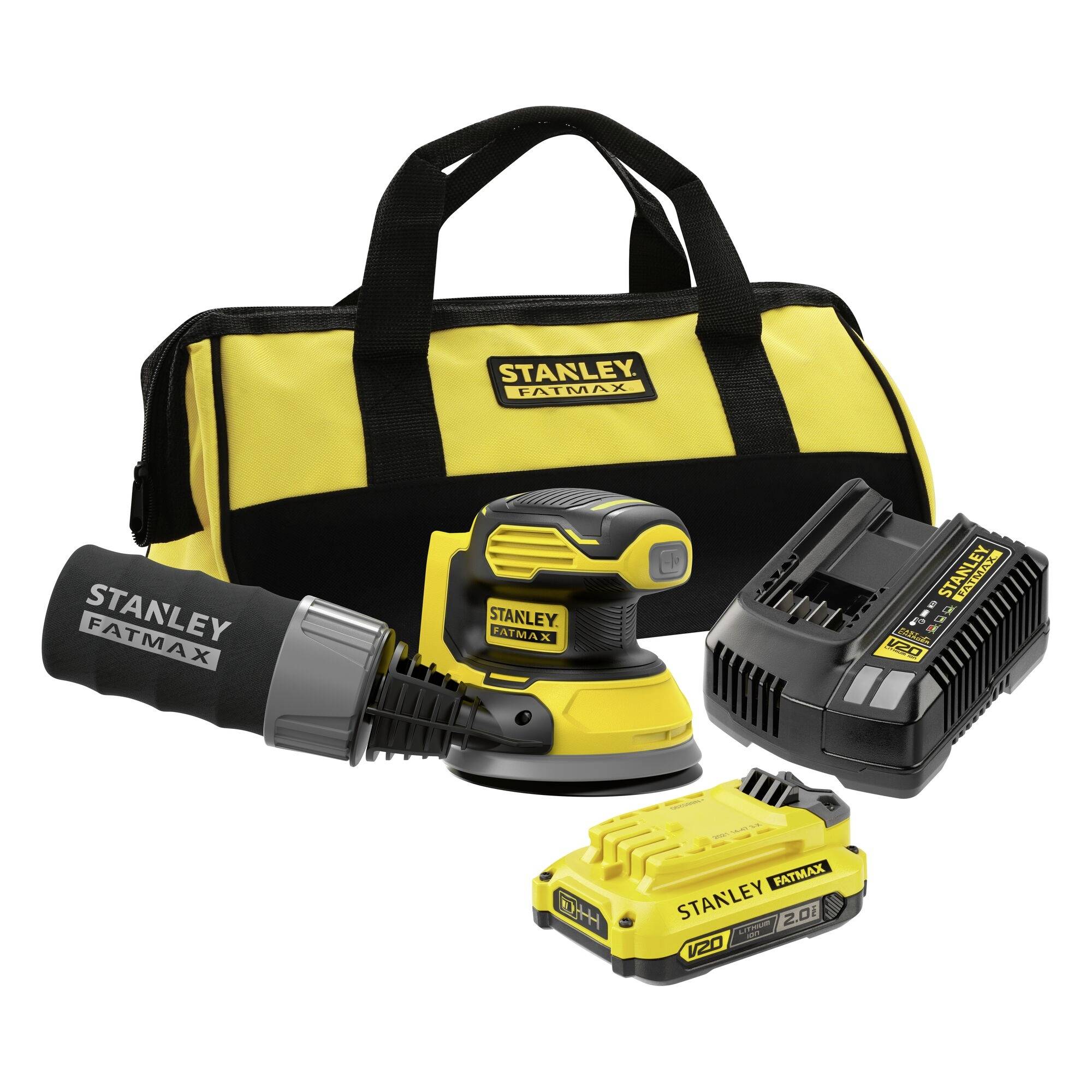 Un ensemble d'outils électriques Stanley FatMax comprend une ponceuse, une batterie, un chargeur et un sac de transport, tous en noir et jaune, placés sur un fond blanc.