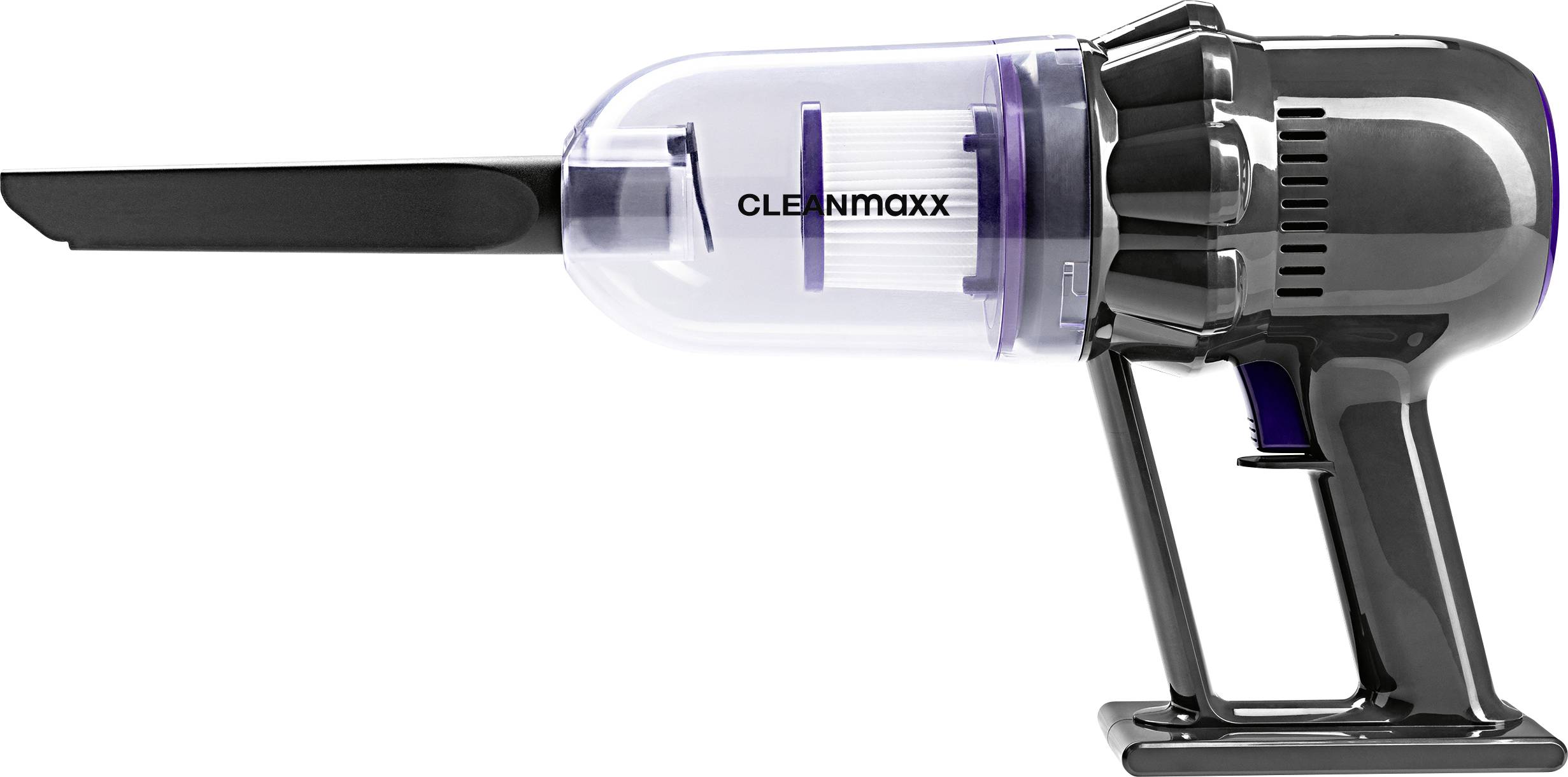 Aspirateur à main avec réservoir à poussière transparent et accessoire de buse longue, marque « CLEANmaxx », sur un fond blanc.