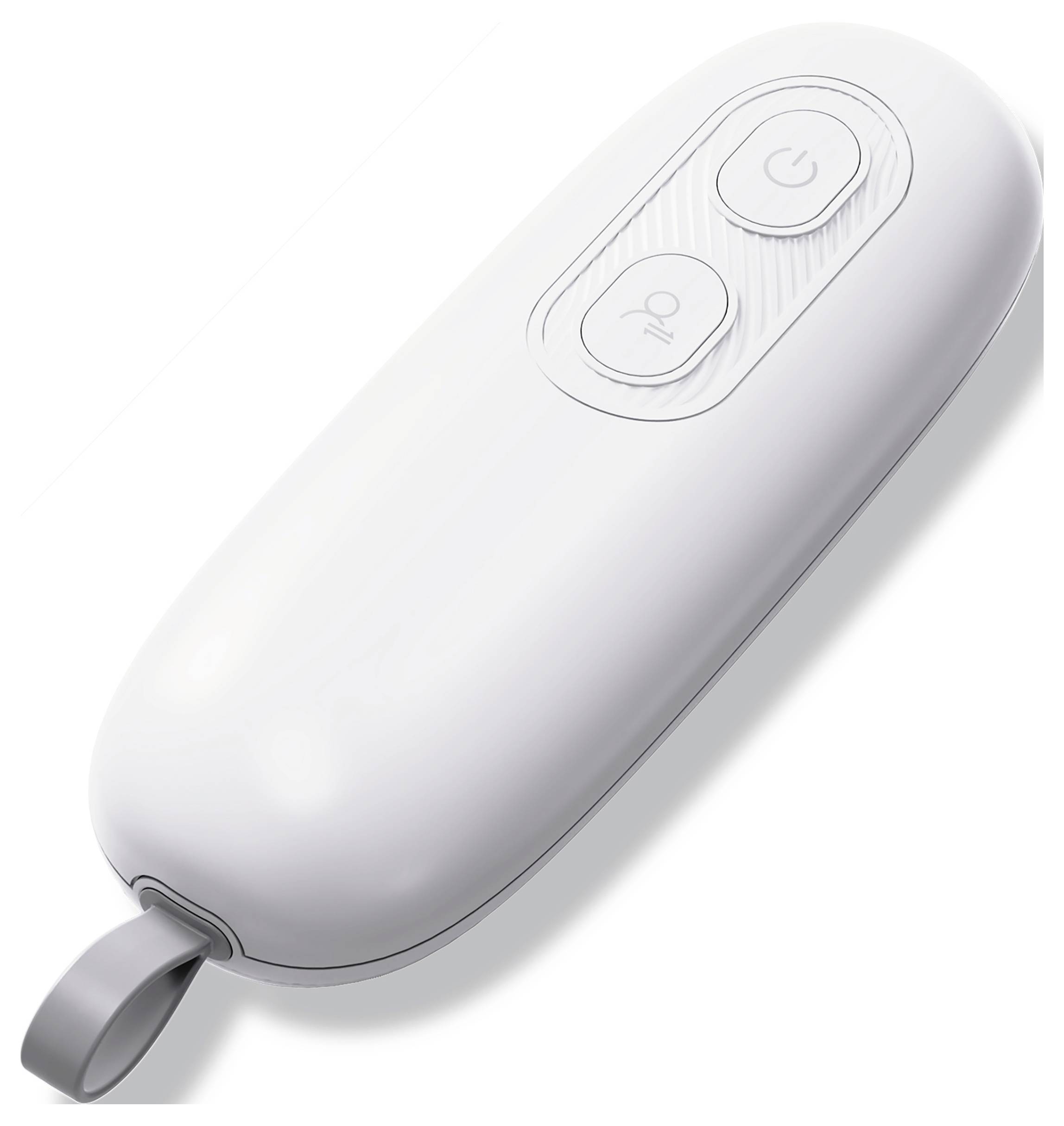 Une télécommande blanche et ovale avec des boutons d'alimentation et de lumière, dotée d'une dragonne attachée au bas.
