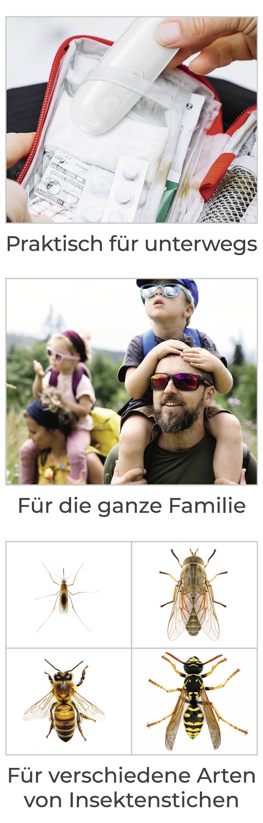 Un kit de premiers secours étiqueté « Pratique pour les déplacements », une famille en plein air étiquetée « Pour toute la famille », et des images d'insectes étiquetées « Pour différents types de piqûres d'insectes ».