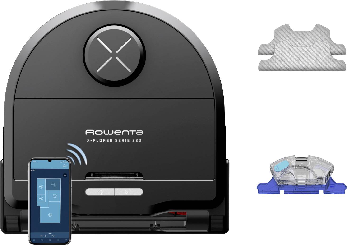 Rowenta X-Plorer Série 220 aspirateur robot avec contrôle par application smartphone, serpillère de nettoyage et bac à poussière représentés à côté.