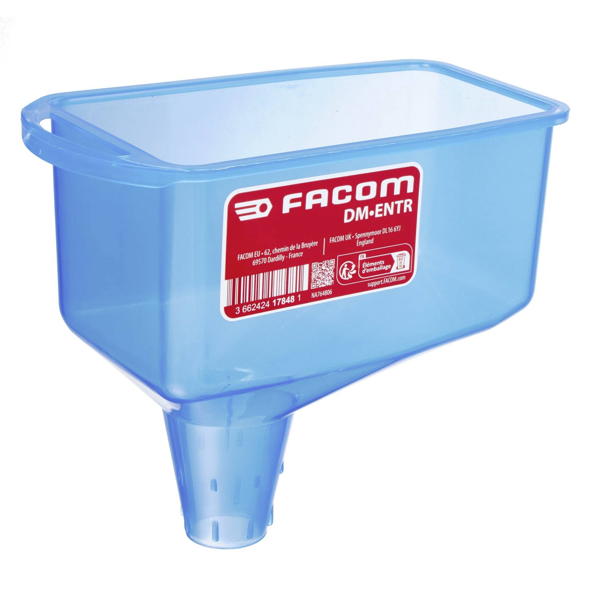 Un entonnoir en plastique bleu avec un sommet rectangulaire, portant l'étiquette « FACOM DM-ENTR », utilisé pour verser les liquides avec précision.