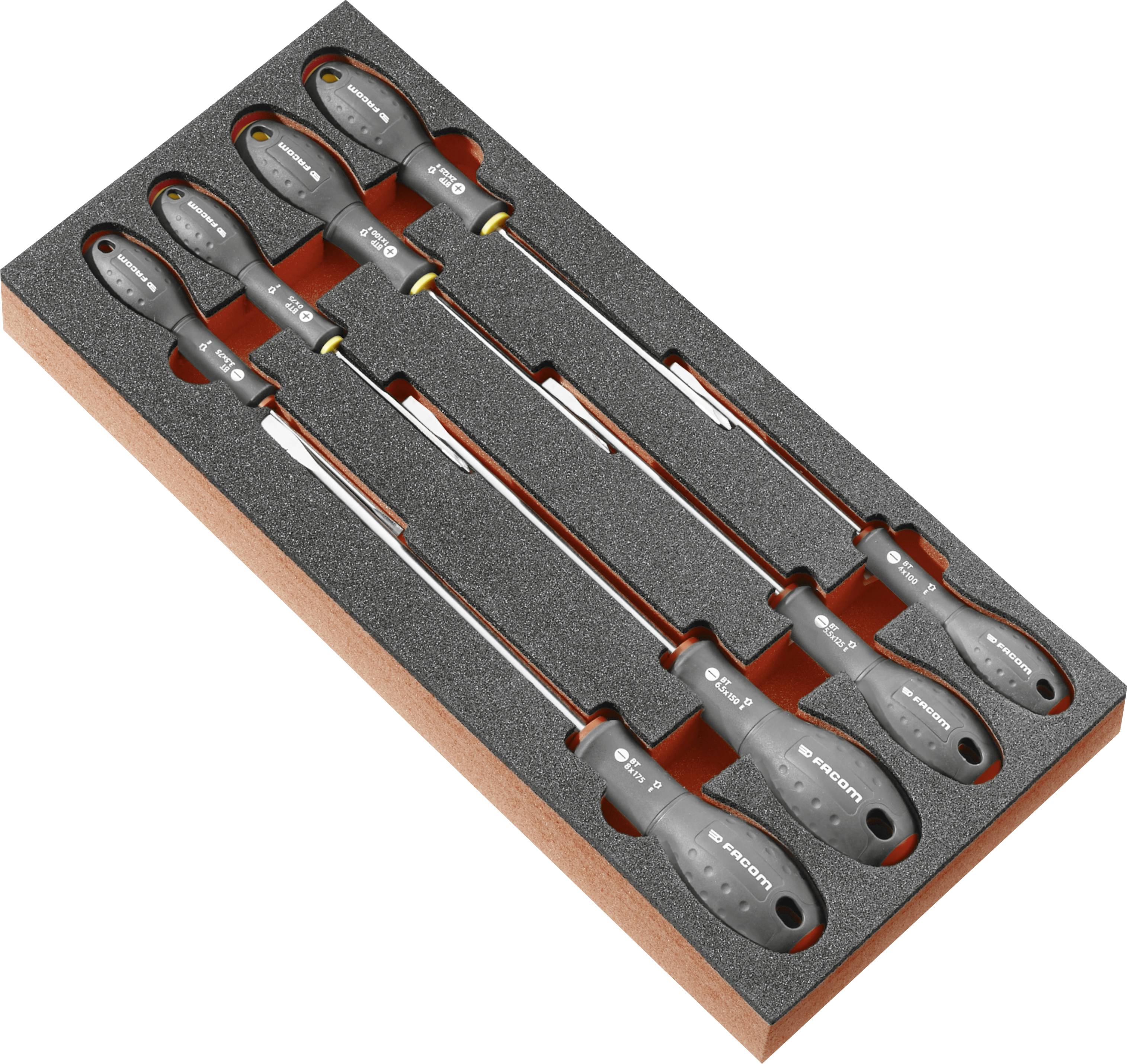 Organisateur en mousse tenant six tournevis Snap-on dans un plateau en bois, arrangés par taille avec des manches noir et gris et de longs fûts métalliques.