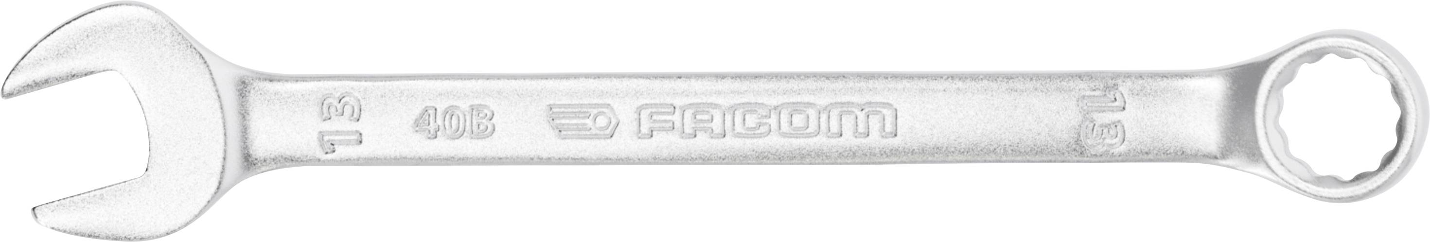 Clé mixte argentée avec extrémité ouverte à gauche et extrémité fermée à droite, étiquetée FR.COM et 13 mm.