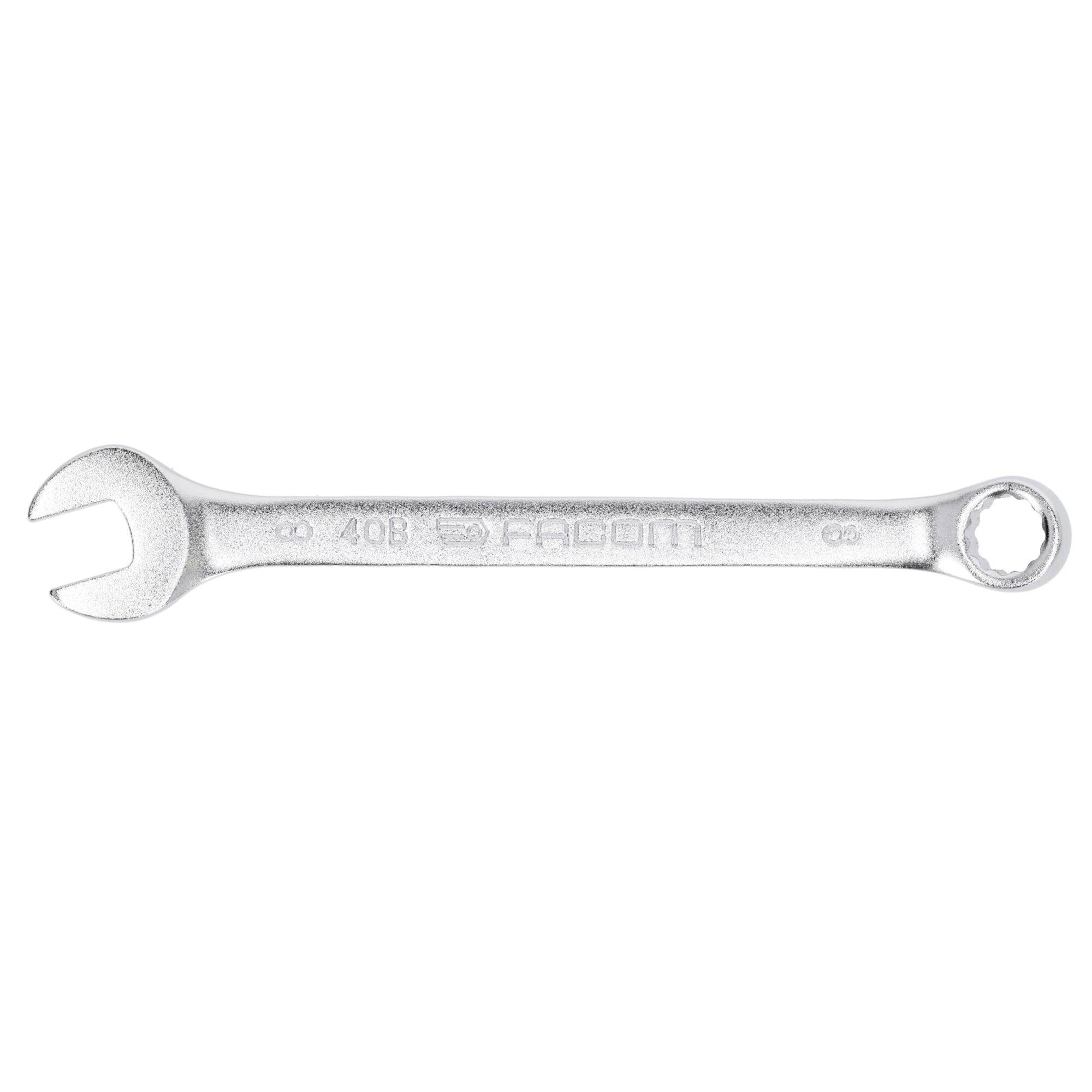 Une clé à fourche en argent dotée d'une conception à bout ouvert et à bout fermé, convenant à l'serrage ou au desserrage de boulons de diverses tailles.