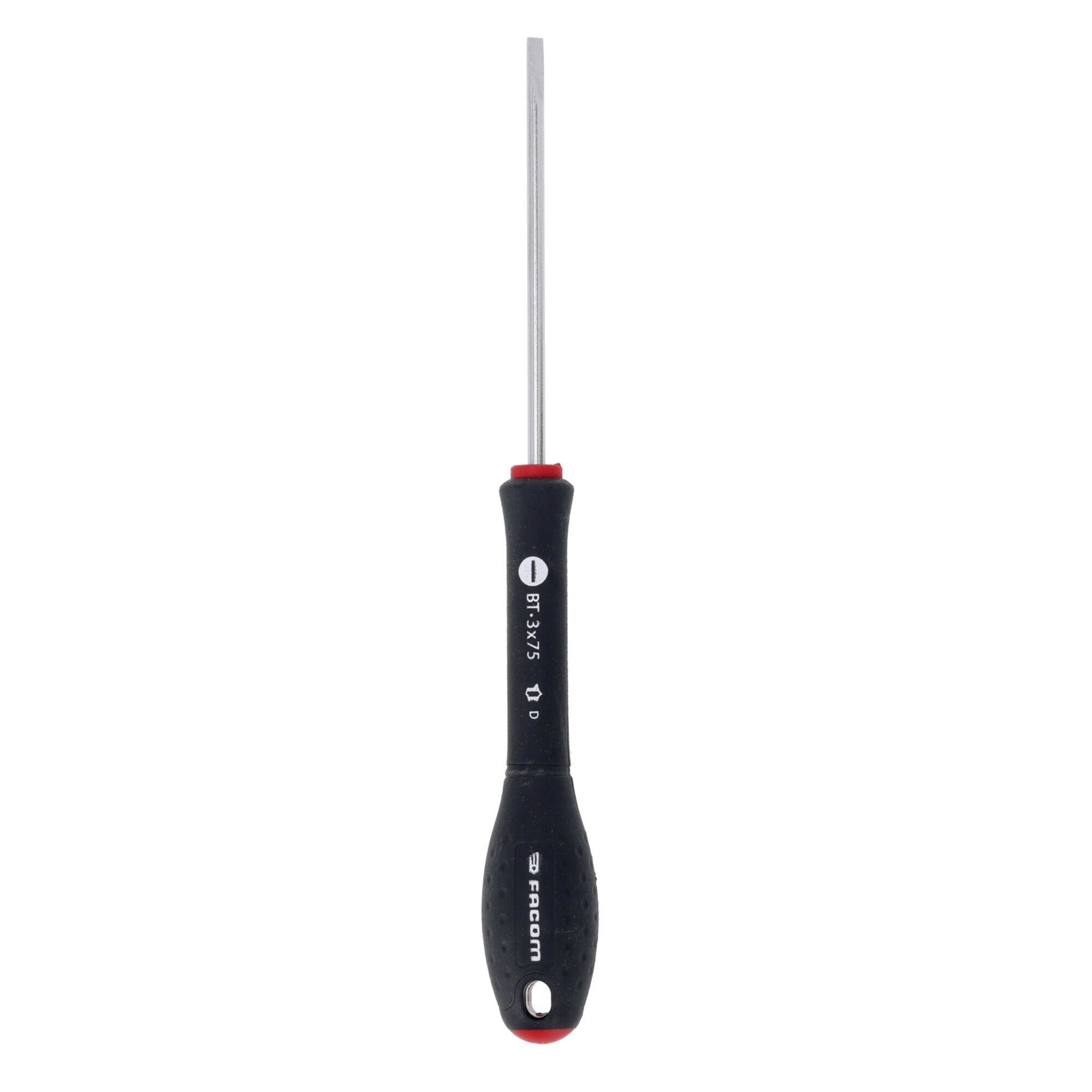 Un tournevis plat noir et rouge avec manche ergonomique, présentant la marque « FACOM » sur la poignée, conçu pour le serrage manuel des vis.