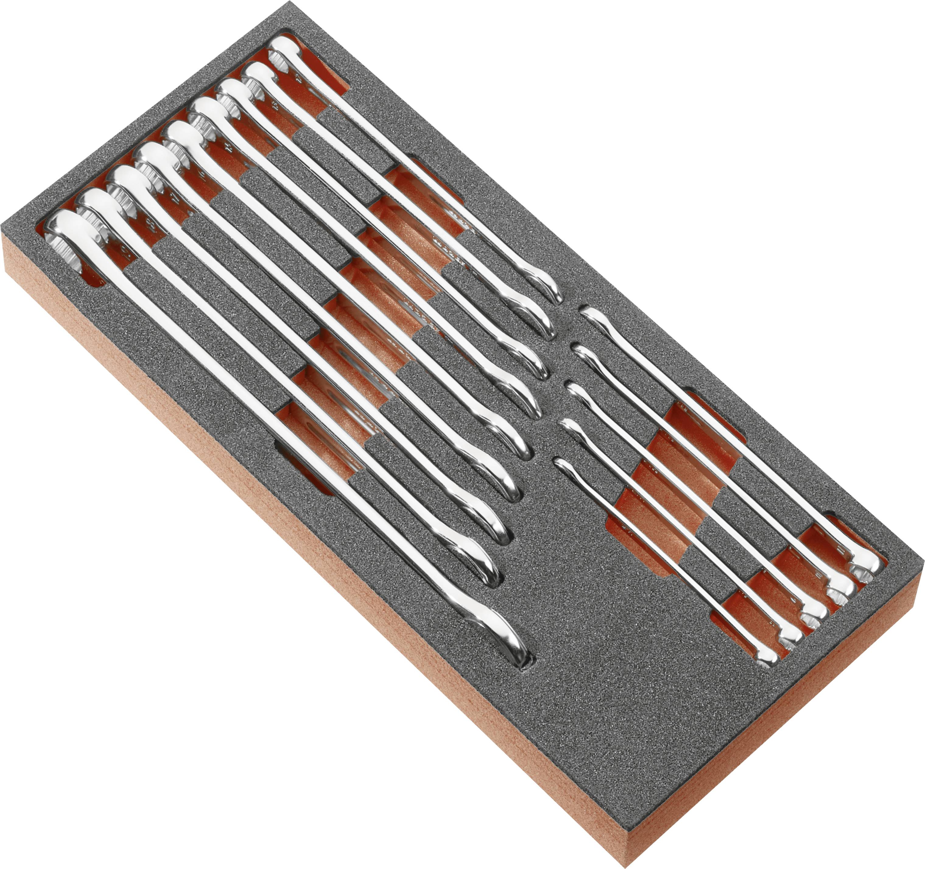 Ensemble de huit clés à œil disposées dans un plateau en mousse à l'intérieur d'une mallette à outils rectangulaire.