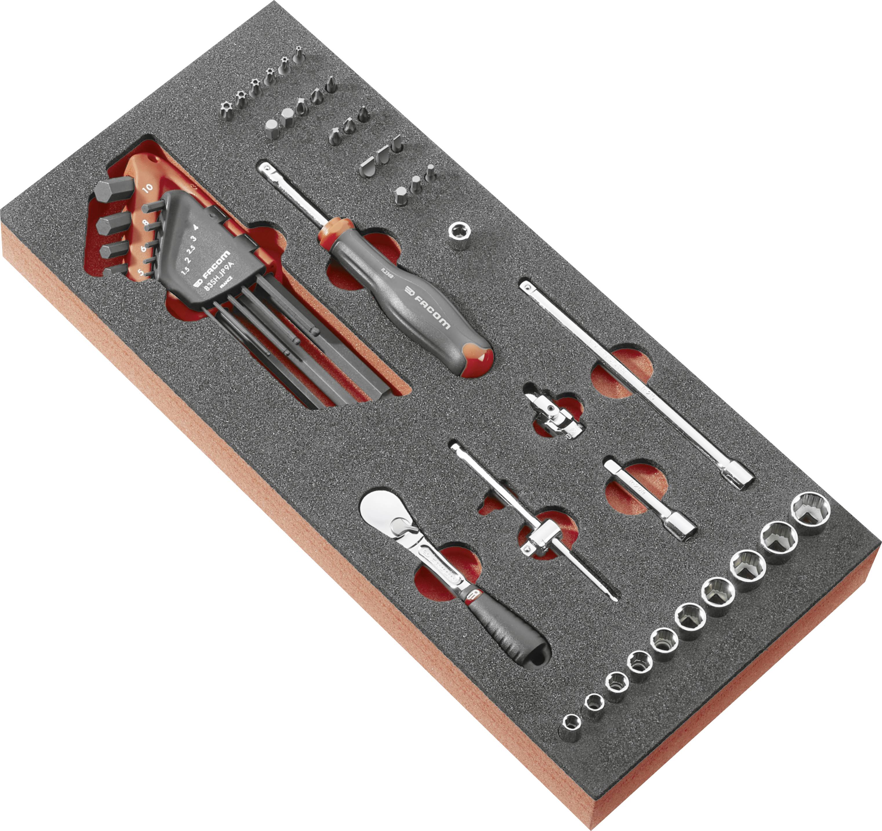 Organisateur en mousse avec jeu de douilles, tournevis, clés hexagonales, cliquet et rallonges arrangés dans un insert de boîtier.