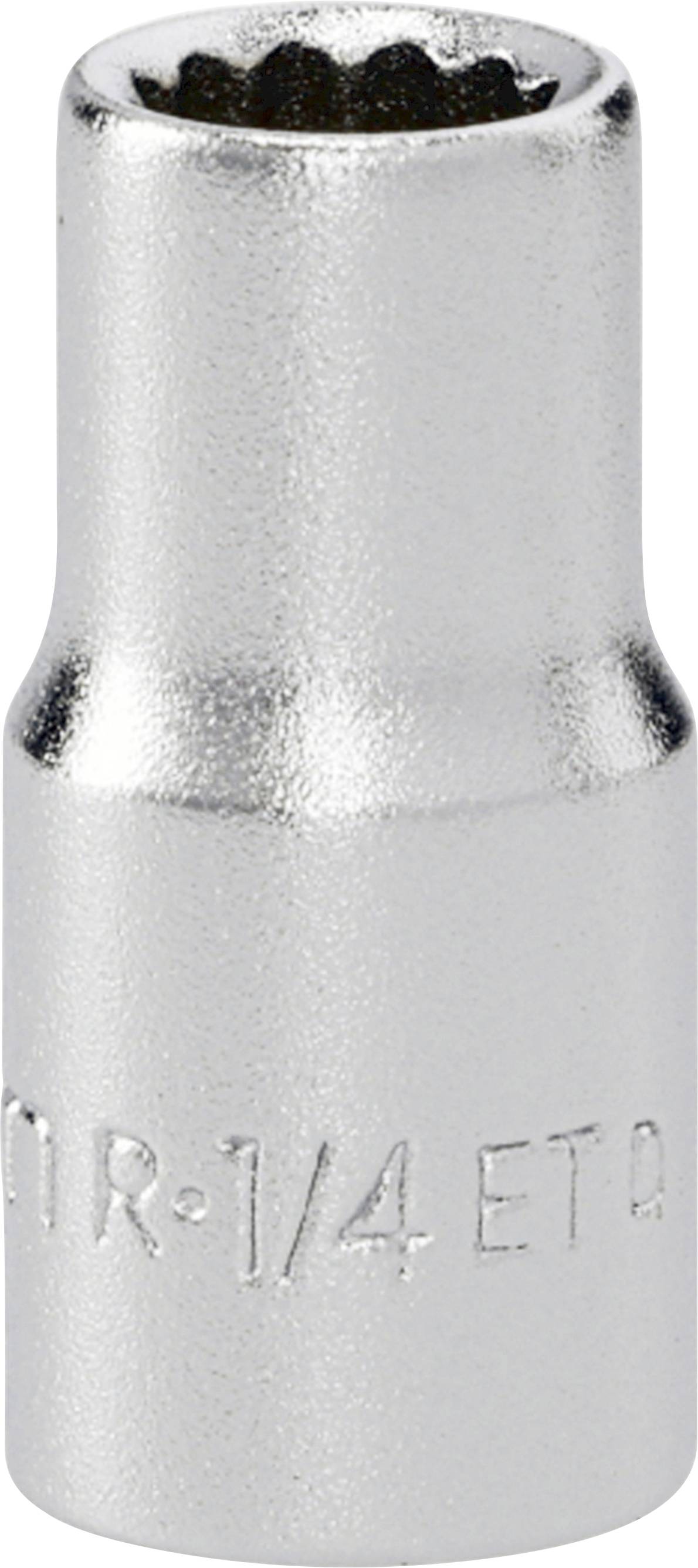 Gros plan d'une douille à embout E-Torx 1/4 pouces en argent, présentée verticalement sur fond blanc.