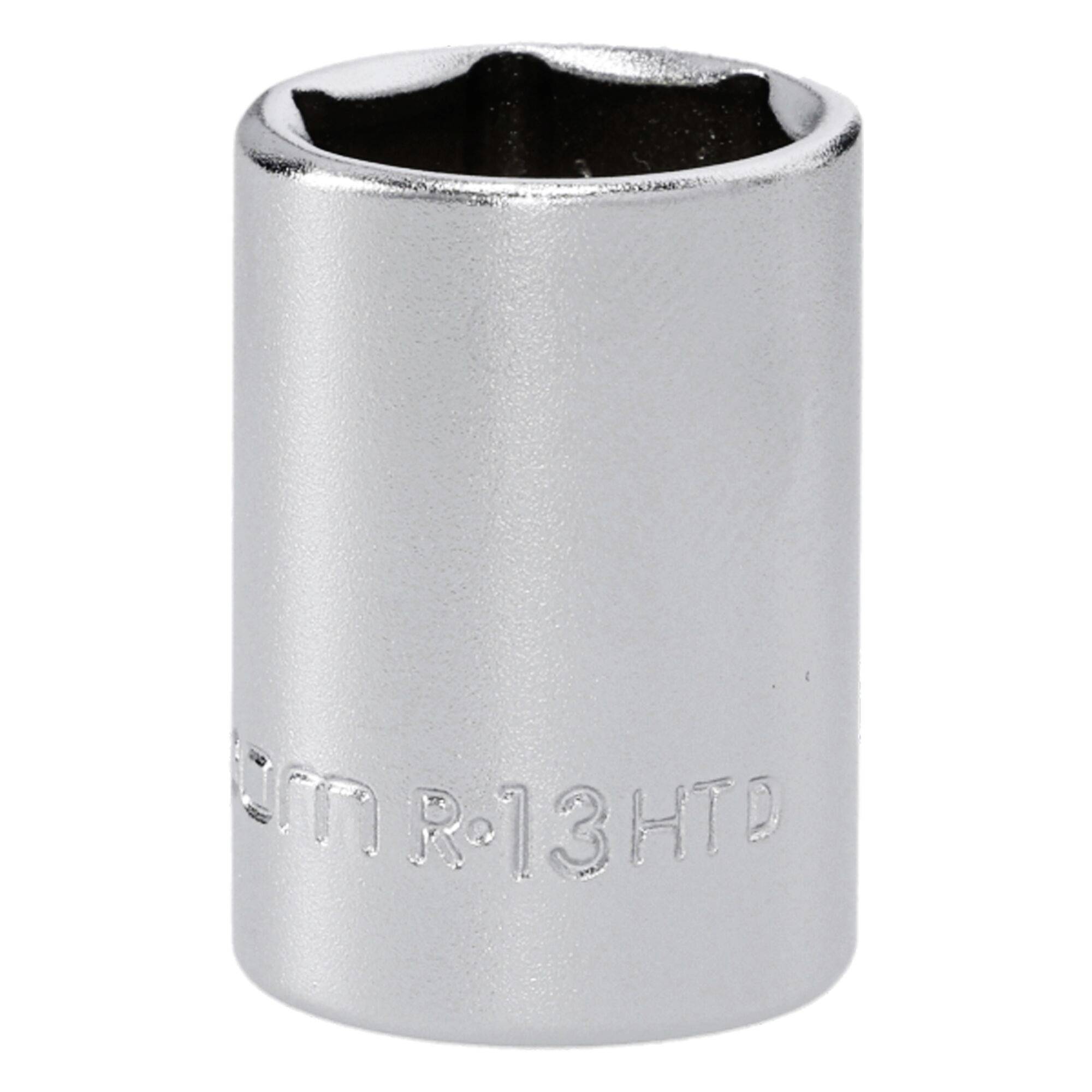 Un outil de douille cylindrique en argent avec une ouverture hexagonale, étiqueté « R13HTD » sur le côté, utilisé pour serrer ou desserrer les écrous et les boulons.