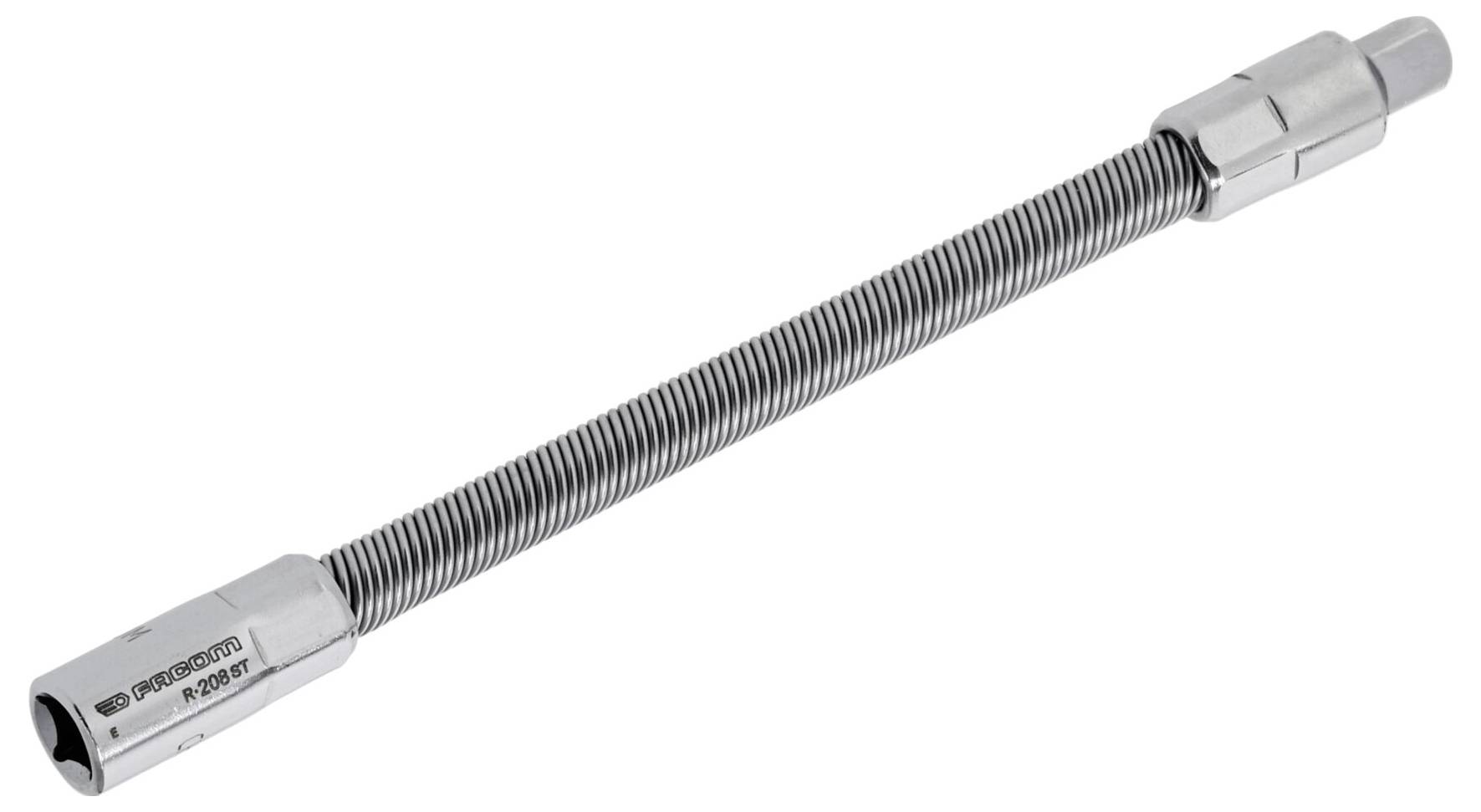 Barre d'extension flexible 'BERGEN Flexi-Head Extension Bar' en chrome avec un arbre flexible, conçue pour être utilisée avec des clés à douille pour accéder aux espaces exigus.