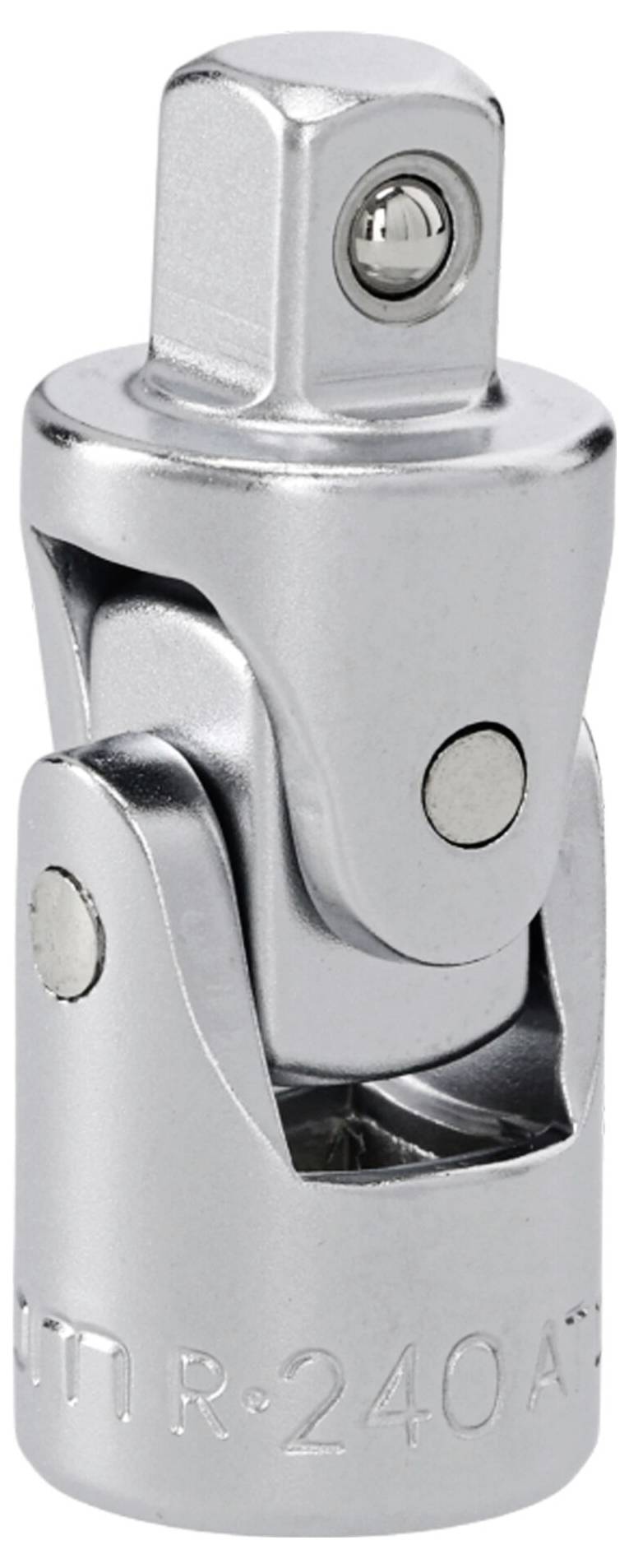 Un adaptateur de douille à cardan universel en métal brillant, conçu pour connecter les douilles aux clés, permettant le serrage ou le desserrage à angle.
