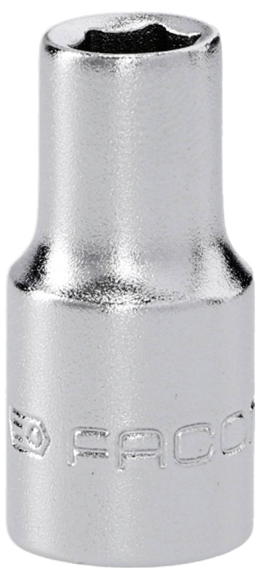 Une tête de clé à douille en argent, cylindrique avec une ouverture carrée au sommet, présente un texte de marque gravé sur le côté.