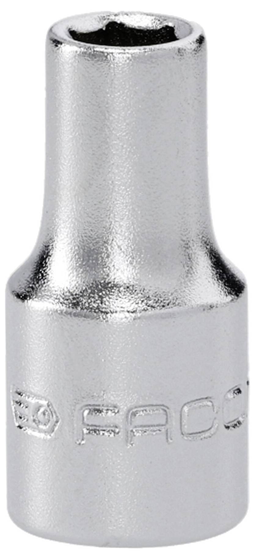 Une tête de clé à douille cylindrique en argent avec 'FACOM' gravé sur le côté, conçue pour un usage mécanique.