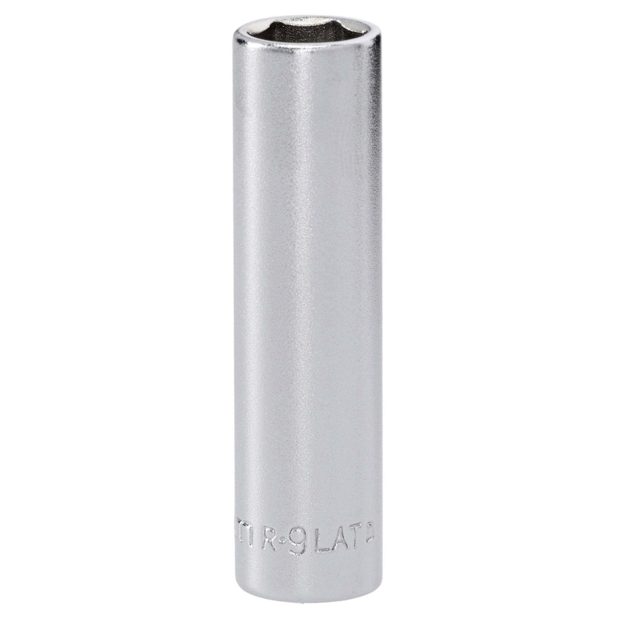 A silver, cylindrical socket wrench attachment, standing upright, with a hexagonal opening at the top and engraved text at the bottom.