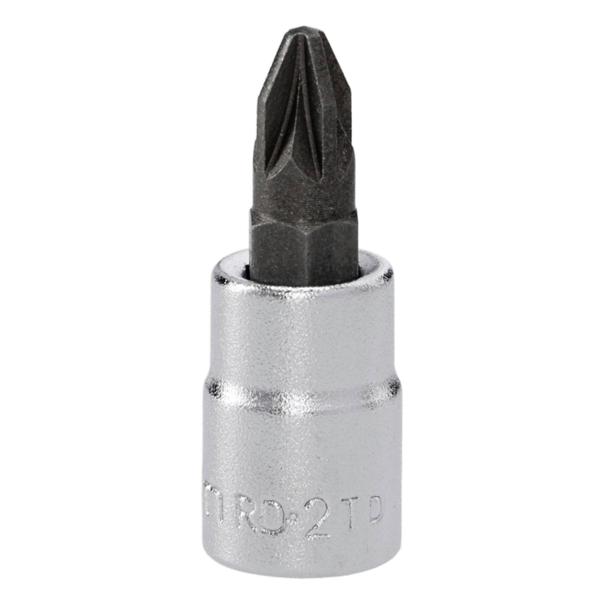 A silver screw bit with a Phillips head designed for use with a power drill or screwdriver, marked with 'PH2' on the side.