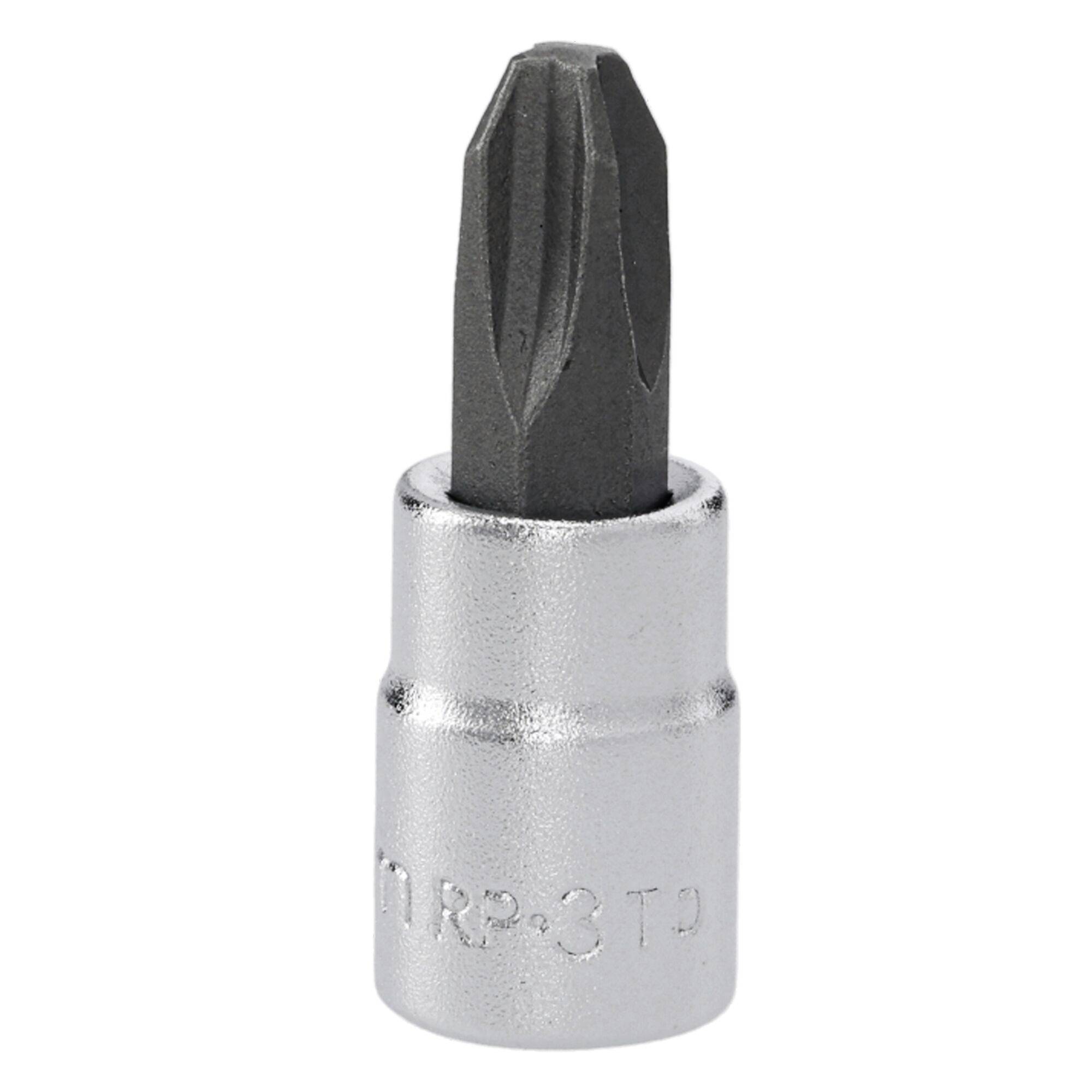Un embout de tournevis en métal avec une base hexagonale et une pointe Phillips, conçu pour s'adapter à un tourneuse pour serrer les vis.