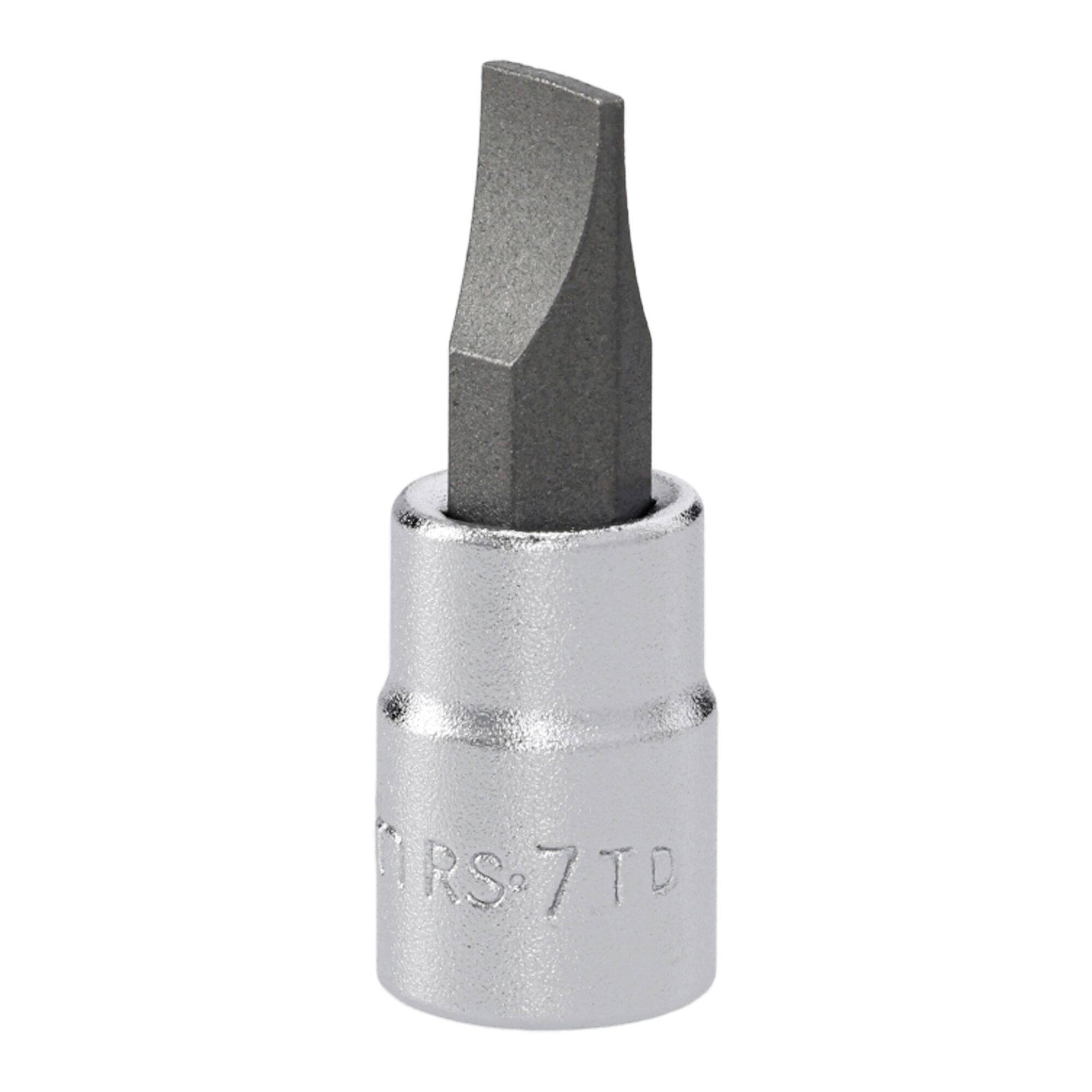 Un embout de tournevis en argent avec une pointe plate, utilisé pour les tâches de vissage.