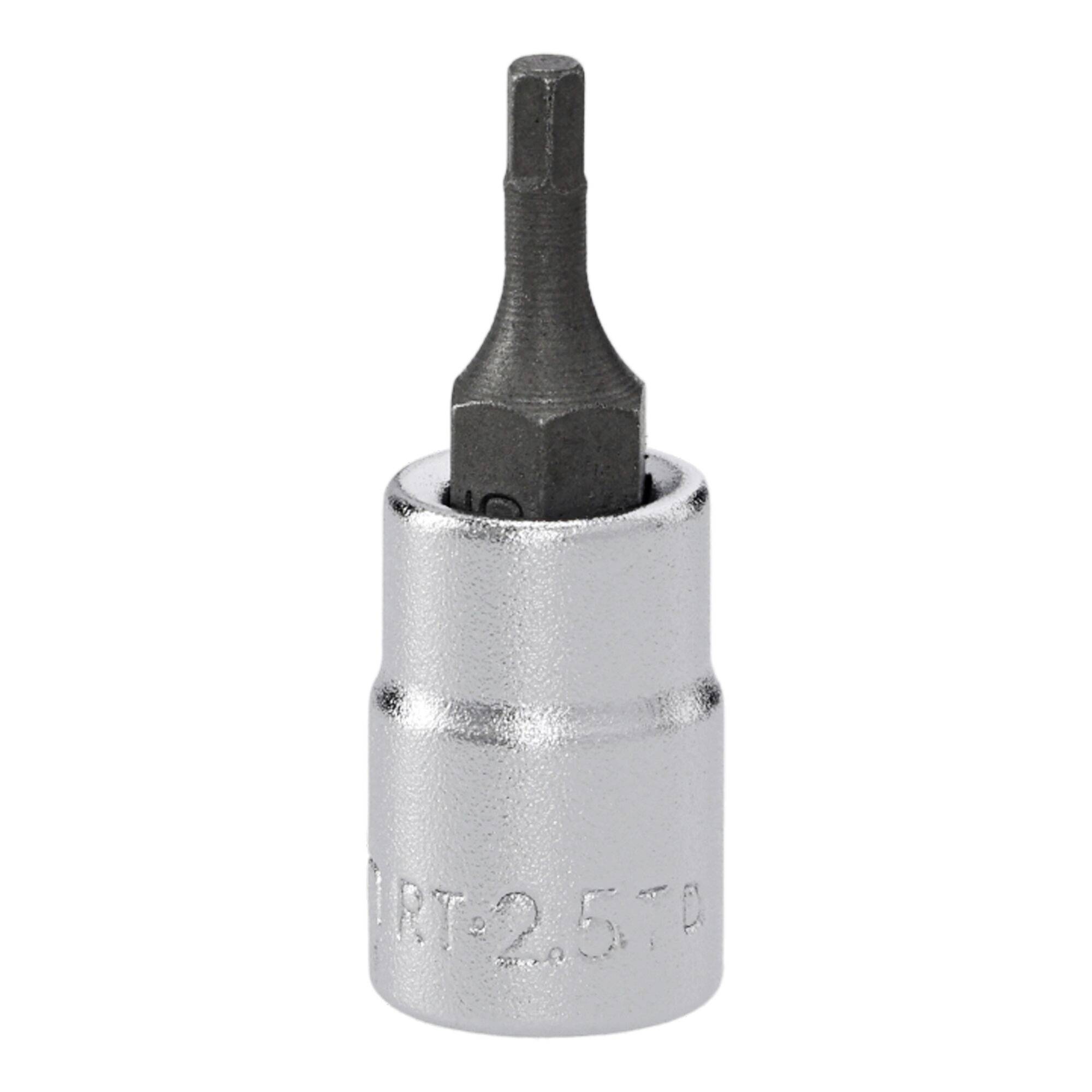Une douille pour embout hexagonal de 2,5 mm avec finition métallique, adaptée aux travaux précis avec des vis hexagonales.