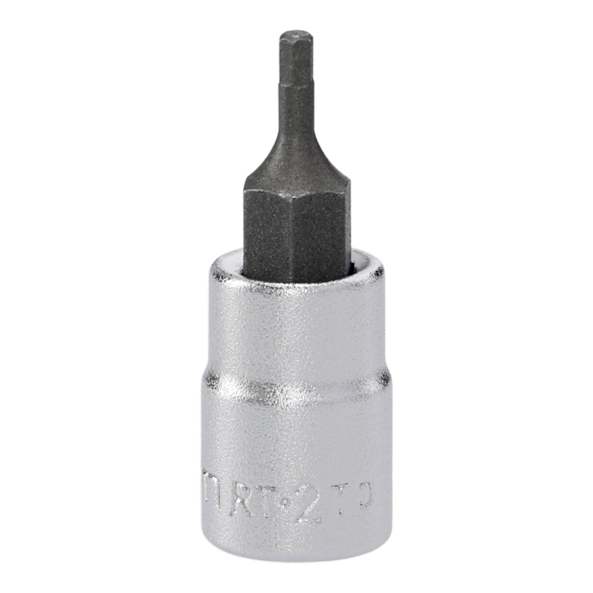 A metal hex socket driver bit with a short, cylindrical shaft and hexagonal tip, used for tightening or loosening fasteners.