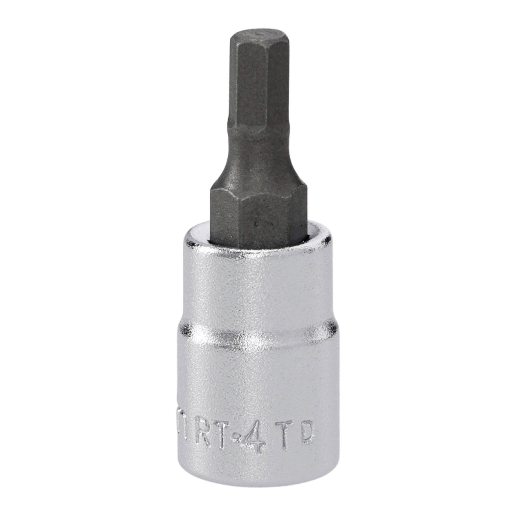 Une douille pour embout hexagonal avec finition métallique, présentant un embout hexagonal qui dépasse d'une base de douille cylindrique.