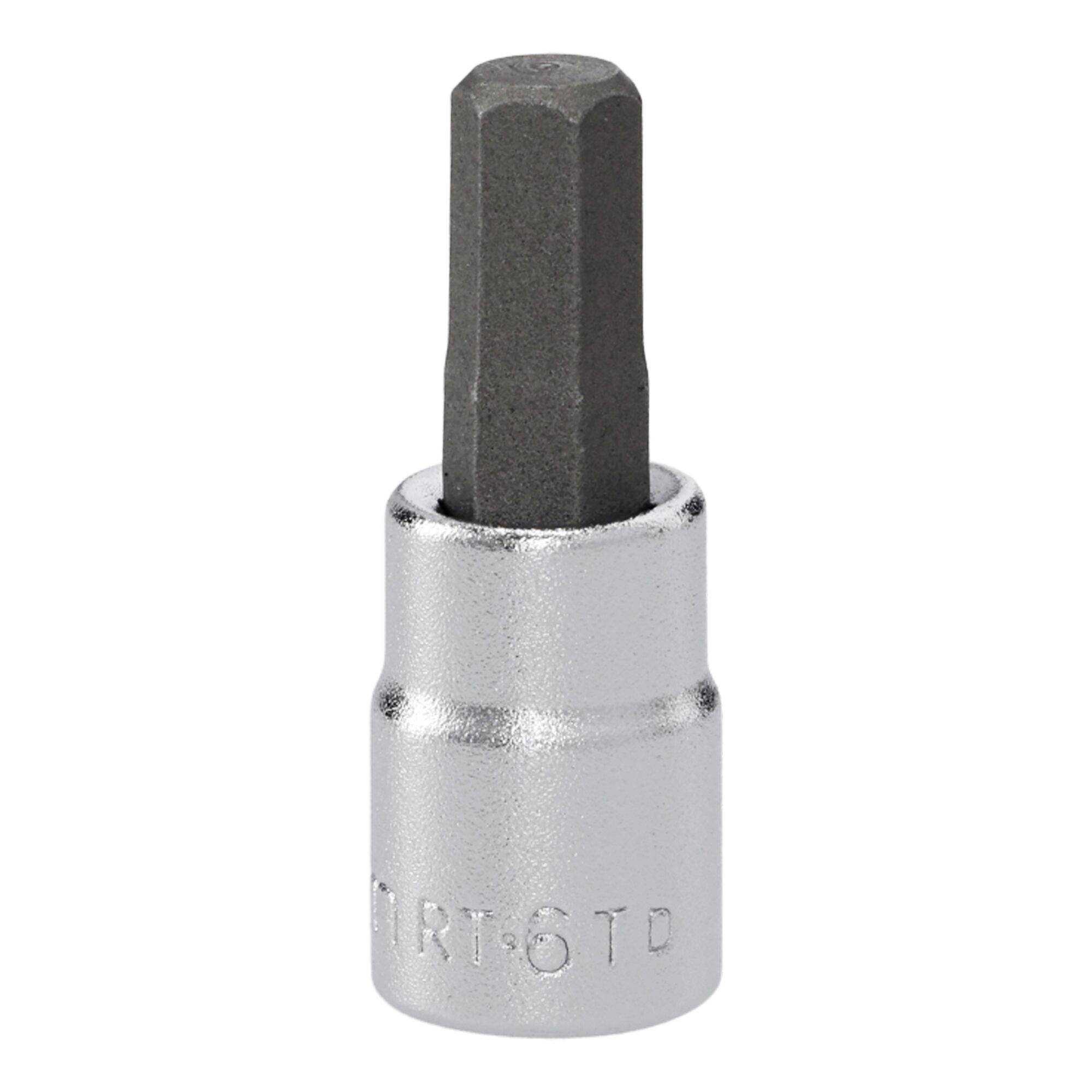 Une douille à embout hexagonal avec un embout hexagonal noir s'étendant d'une base métallique argentée, utilisée pour serrer ou desserrer les boulons hexagonaux.