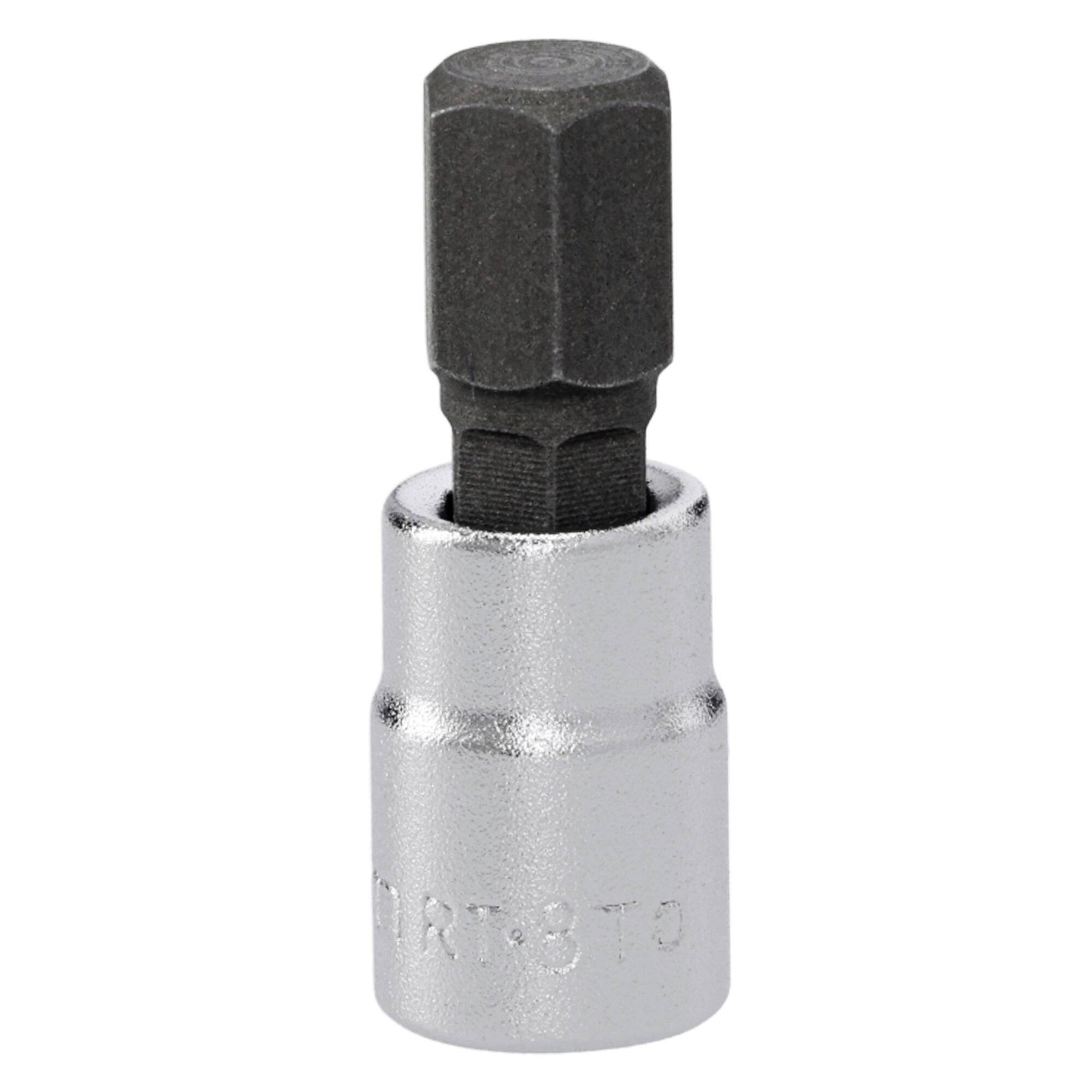 Une douille à embout hexagonal en métal, conçue pour être utilisée avec une clé, dotée d'une tête hexagonale pour serrer ou desserrer des vis ou boulons compatibles.