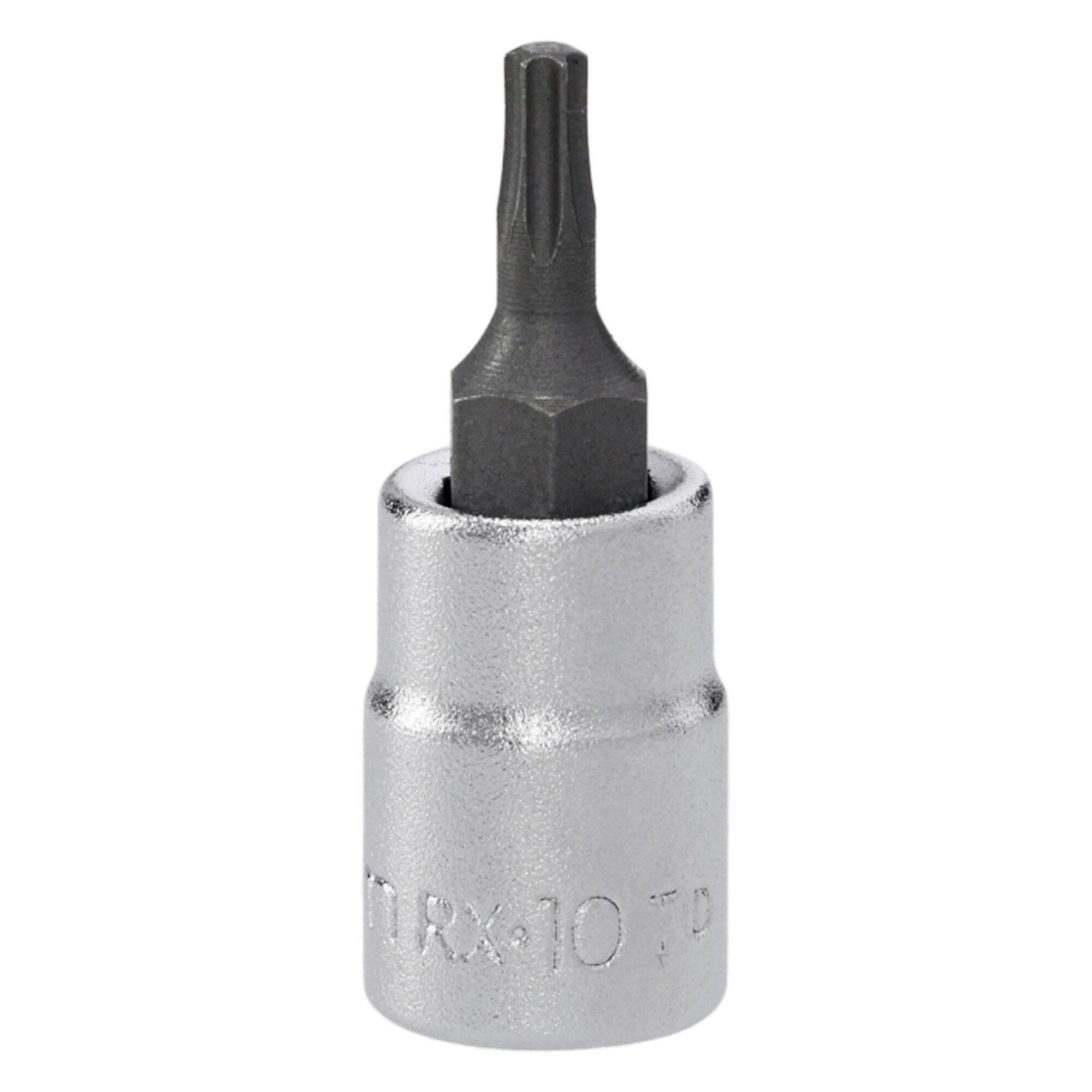 Une douille à embout Torx en argent marquée « TRX 10 TP » avec une tête Torx noire qui dépasse par le haut. Utilisée pour serrer les vis ou les boulons.