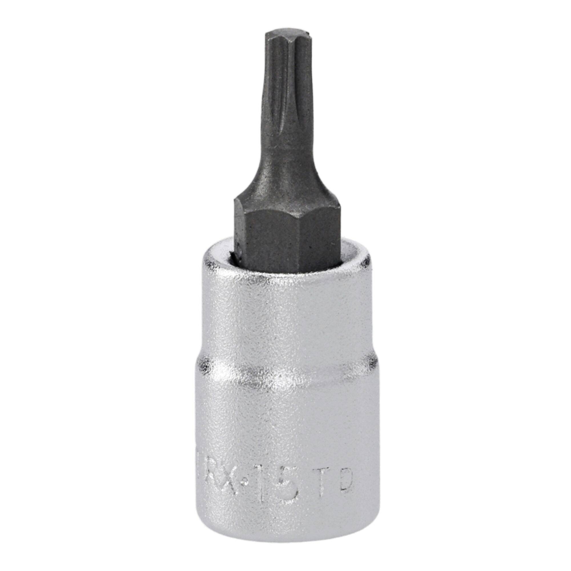 Un embout de tournevis hexagonal en métal avec un arbre court et cylindrique et une pointe hexagonale, utilisé pour serrer ou desserrer les fixations.
