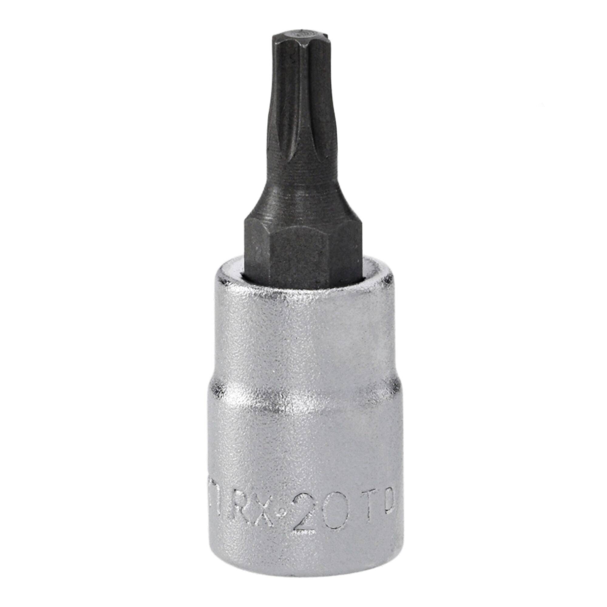 Un embout Torx argenté et noir avec « TRX 20 » gravé sur le côté, indiquant sa taille pour une utilisation avec les fixations correspondantes.