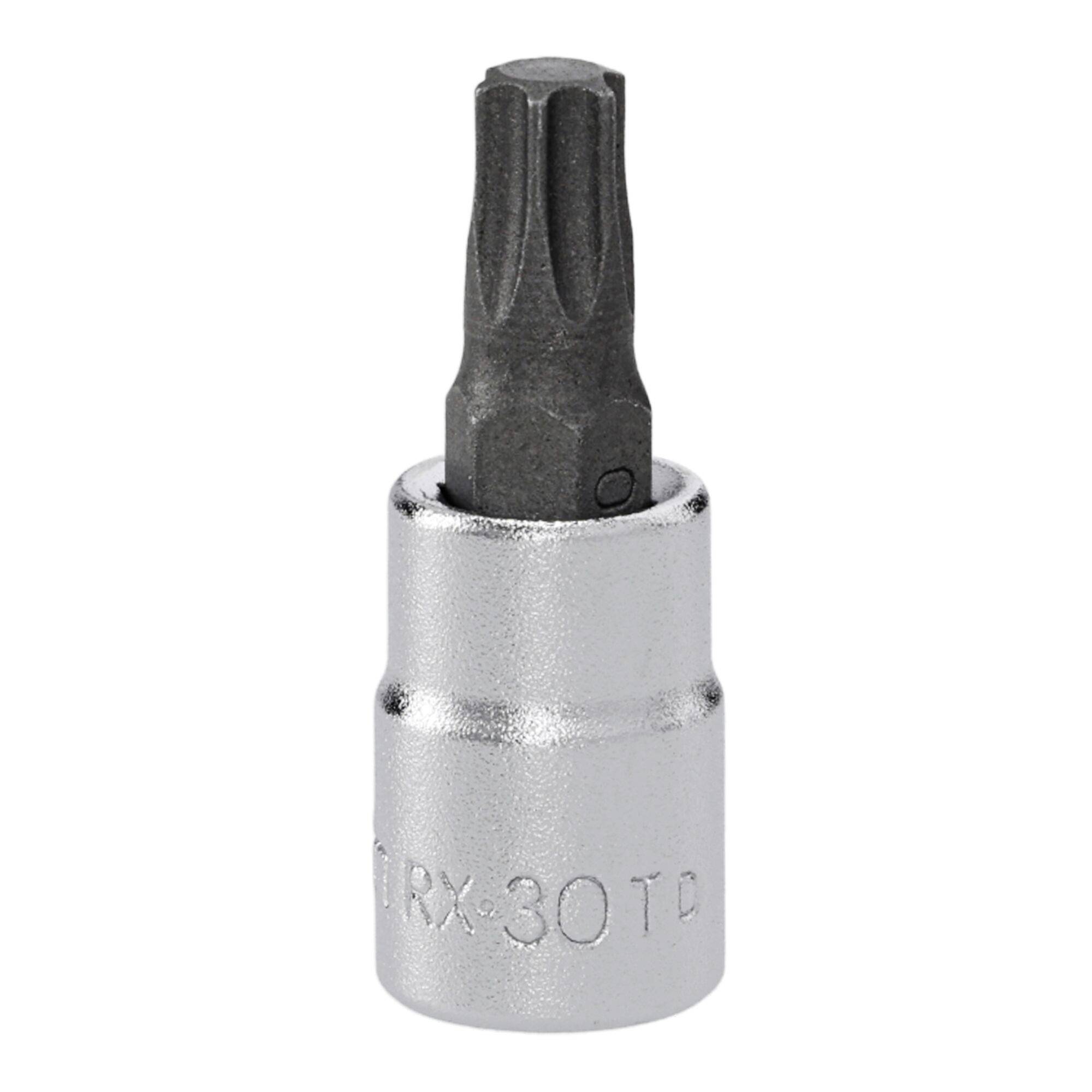 Une douille Torx argentée avec un embout de tournevis noir étiqueté « TRX 30 TD ».