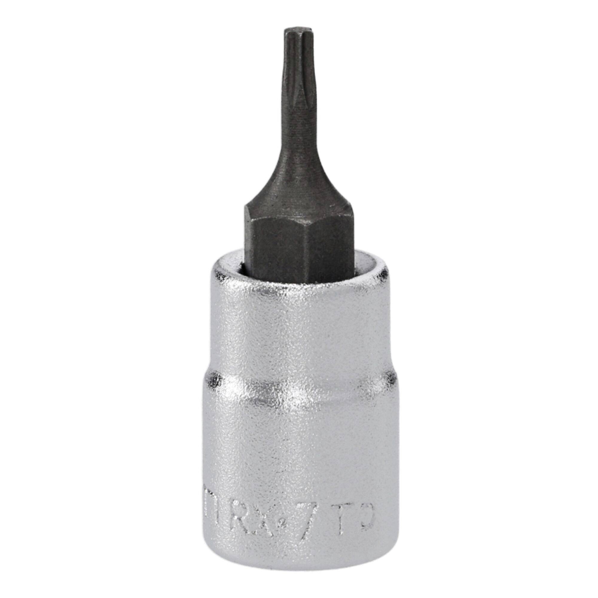 Un tournevis embout Torx en métal avec une tête en étoile T7 enchâssée dans une douille argentée brillante, utilisé pour desserrer les vis à motifs en étoile.