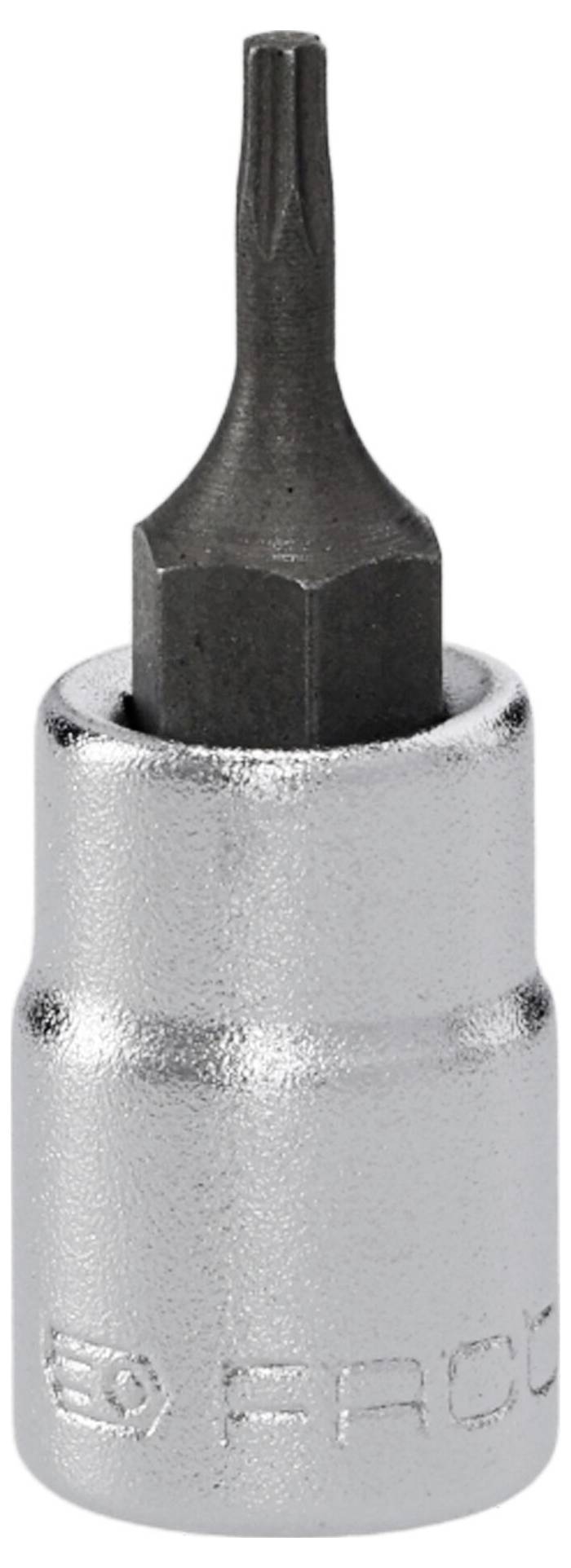 Un embout de tournevis en métal avec une pointe en forme d'étoile et une douille argentée, conçu pour être utilisé avec des clés ou des tournevis à cliquet.