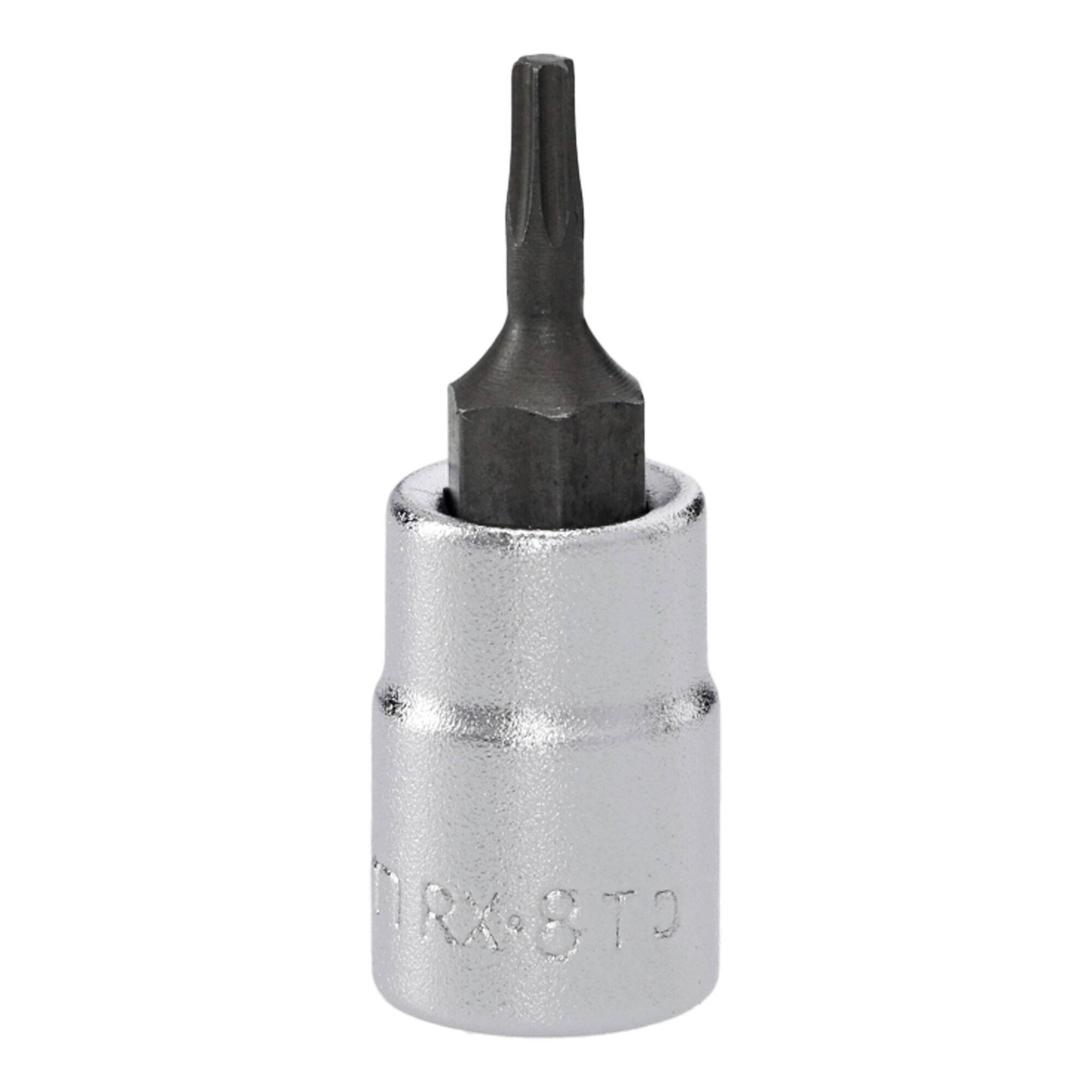 Embout de vis Torx avec une douille argentée et une pointe en forme d'étoile noire, utilisé pour serrer ou desserrer les vis Torx.