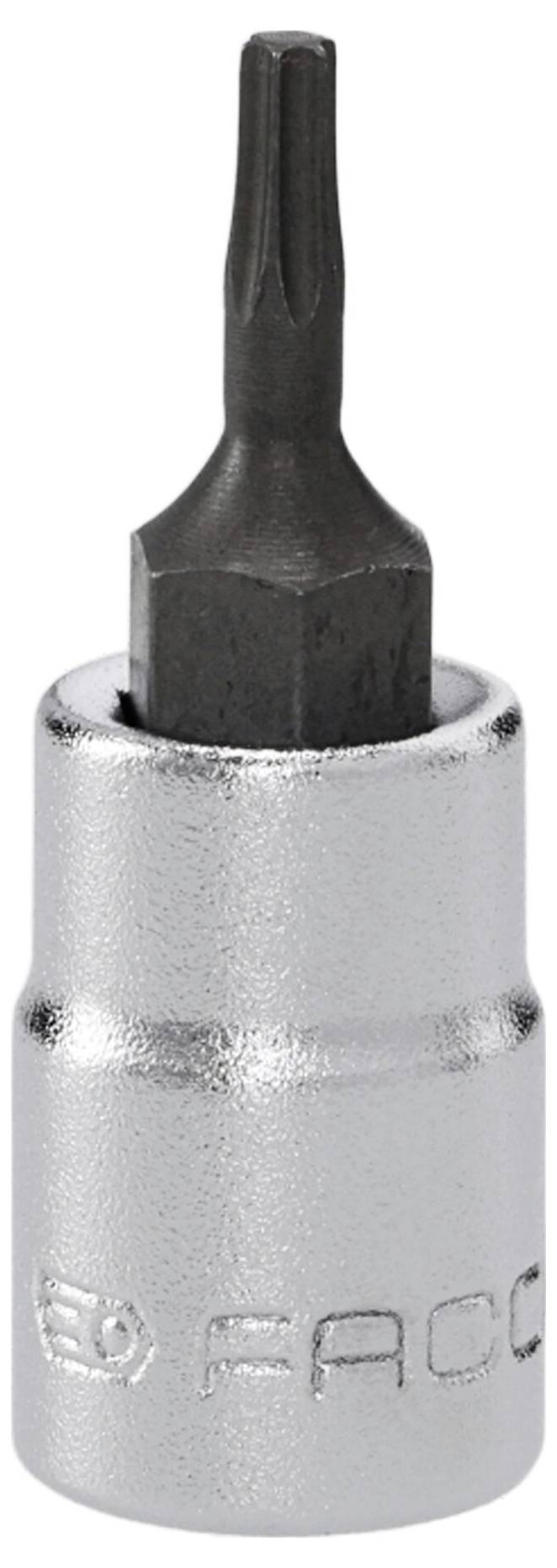 Une douille clé plate argentée avec un embout hexagonal foncé, conçue pour être utilisée avec un manche de tournevis. Le nom de marque est gravé sur le côté.