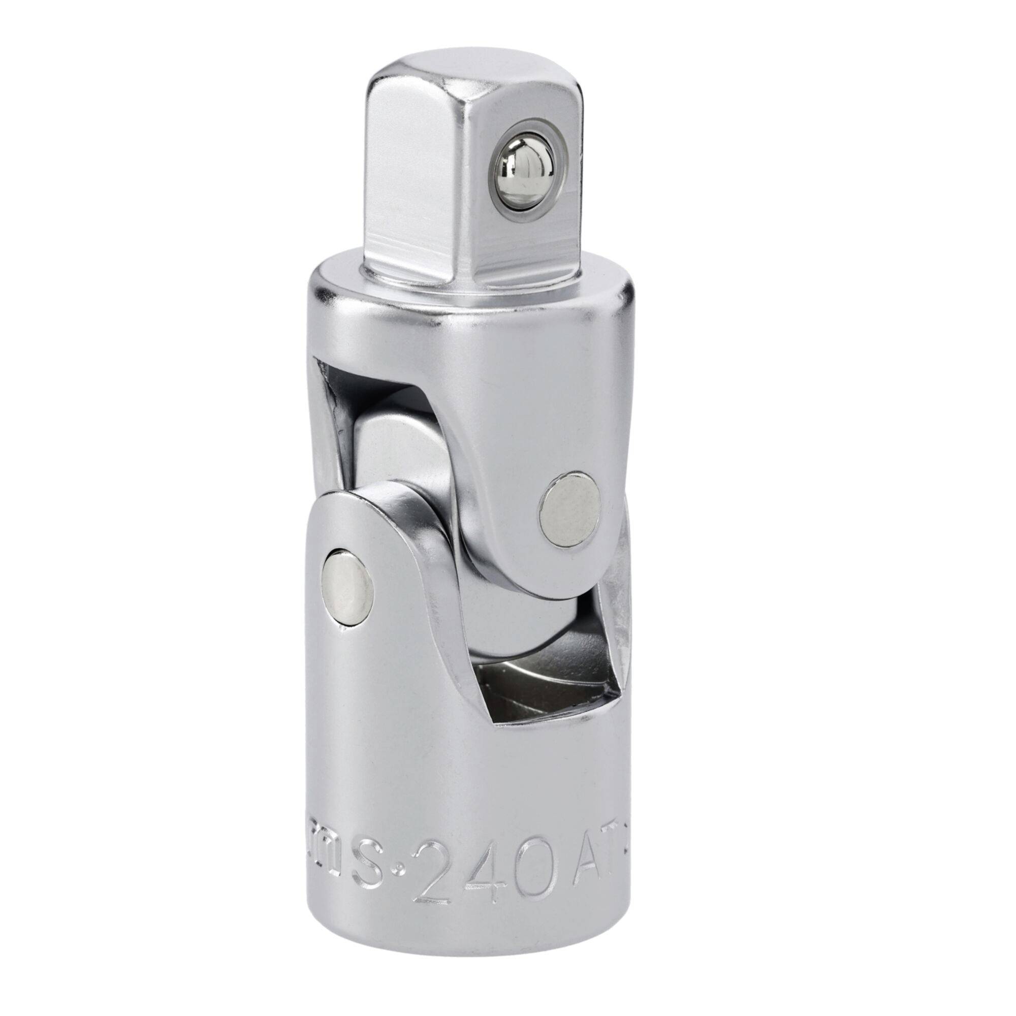 A shiny, metallic universal joint socket adapter, used for attaching tools to sockets at various angles, with a square drive end.