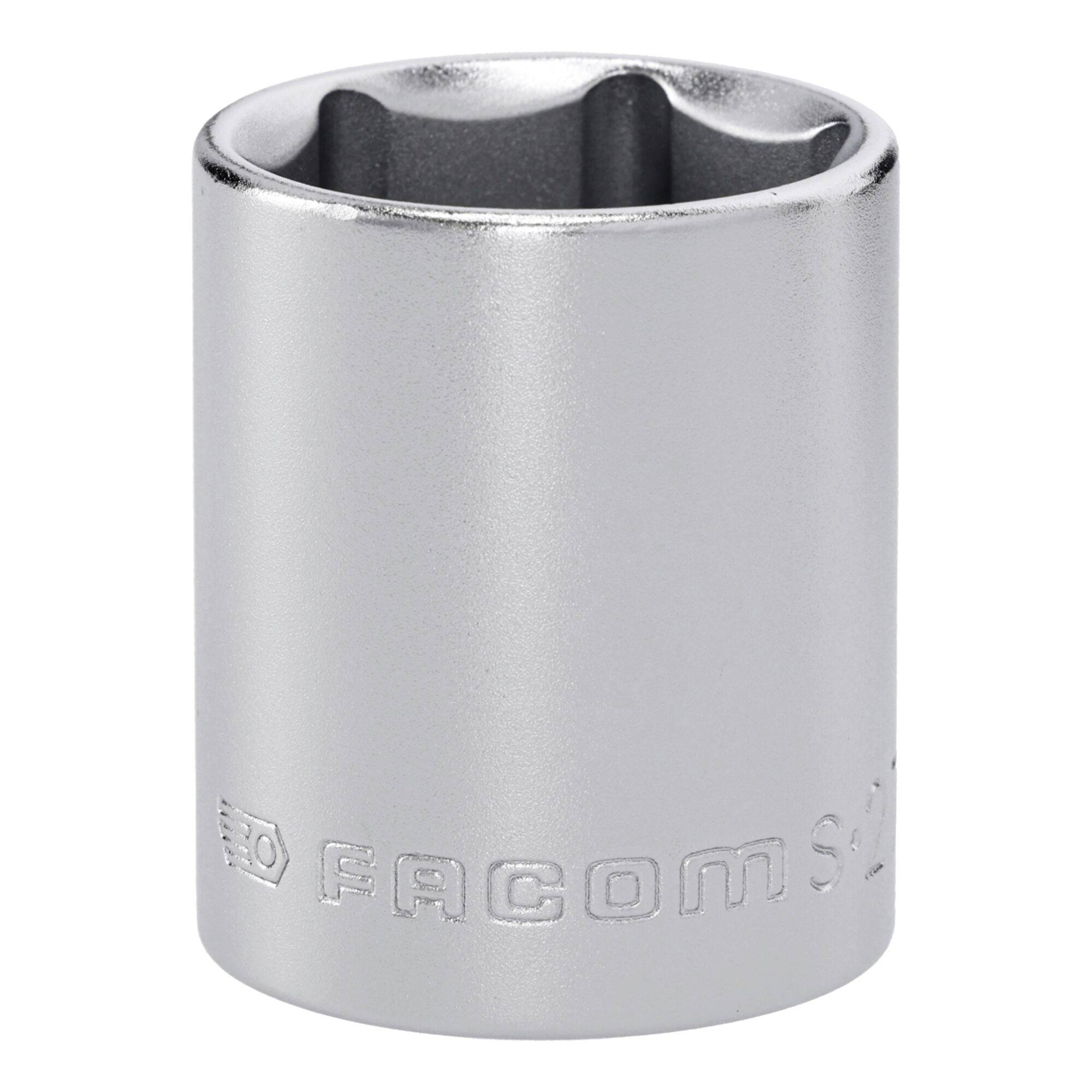 A silver metal socket with 'FACOM' embossed on the side, used for tightening or loosening nuts and bolts, against a plain background.
