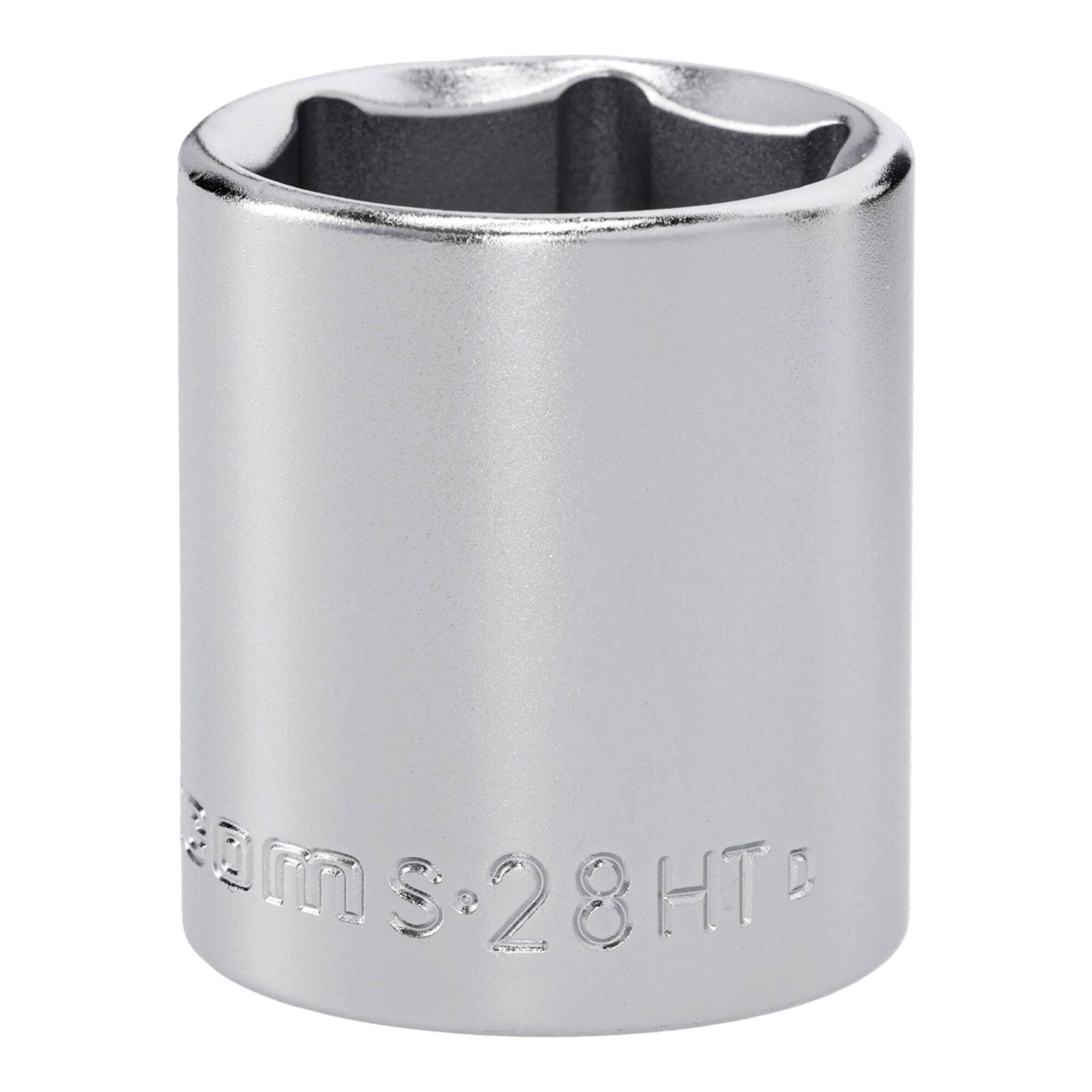 Un outil de douille en argent avec une ouverture hexagonale est marqué « 28 mm ». Il est utilisé pour serrer ou desserrer les écrous et les boulons.