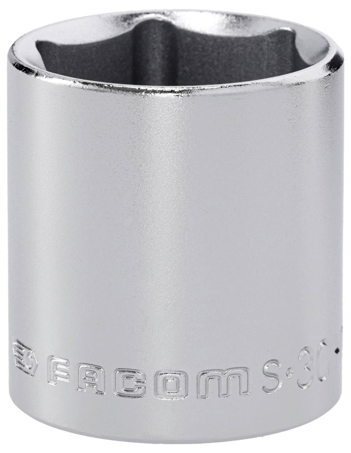 Une douille argentée brillante avec la marque gravée 'Facom S-30', utilisée pour serrer ou desserrer les écrous et les boulons.