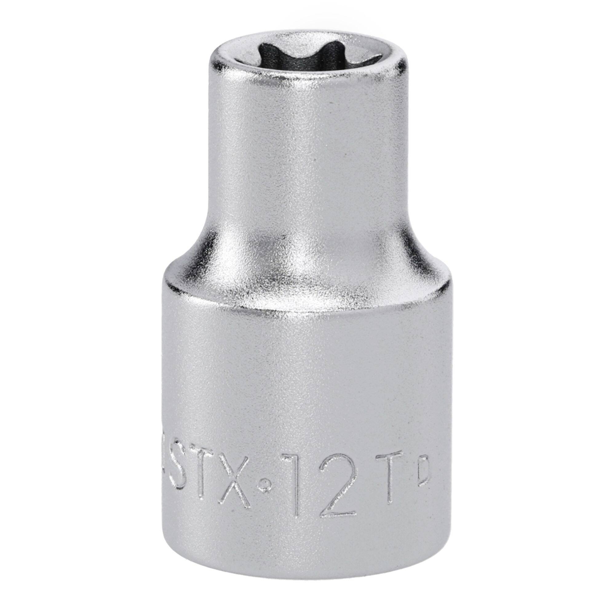Une petite douille argentée avec un embout Torx, gravée STX-12 T.