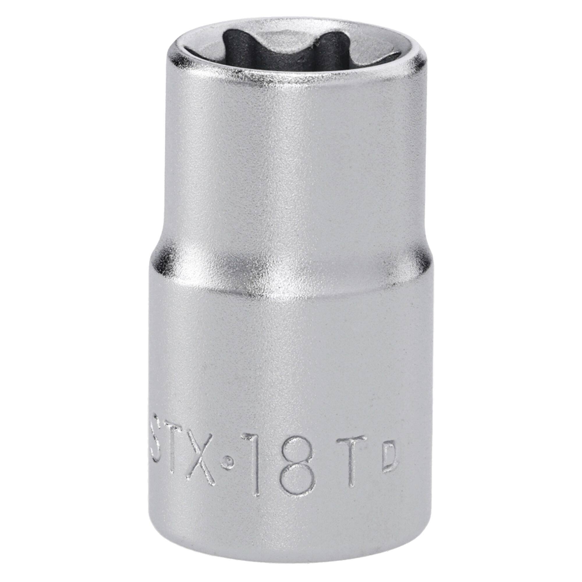 Douille STX-18 TD argentée avec poignée texturée, sommet arrondi et texte gravé. Convient pour serrer ou desserrer les boulons et les écrous.