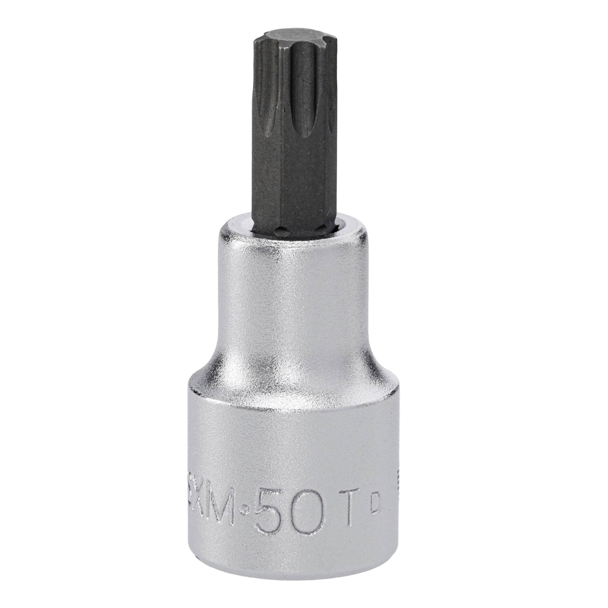 Un adaptateur de clé à douille argenté avec un embout Torx noir, utilisé pour serrer ou desserrer des vis à tête Torx.