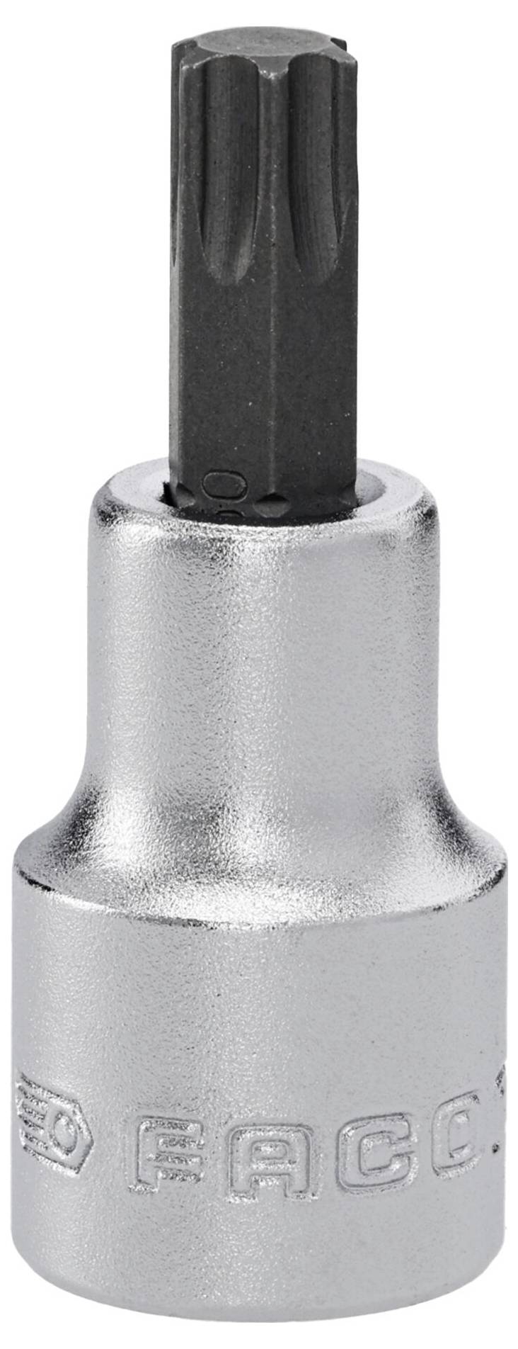 Un adaptateur de clé à douille chromé avec une tête de bit Torx, utilisé pour serrer ou desserrer des vis spécialisées, avec une marque sur le côté.