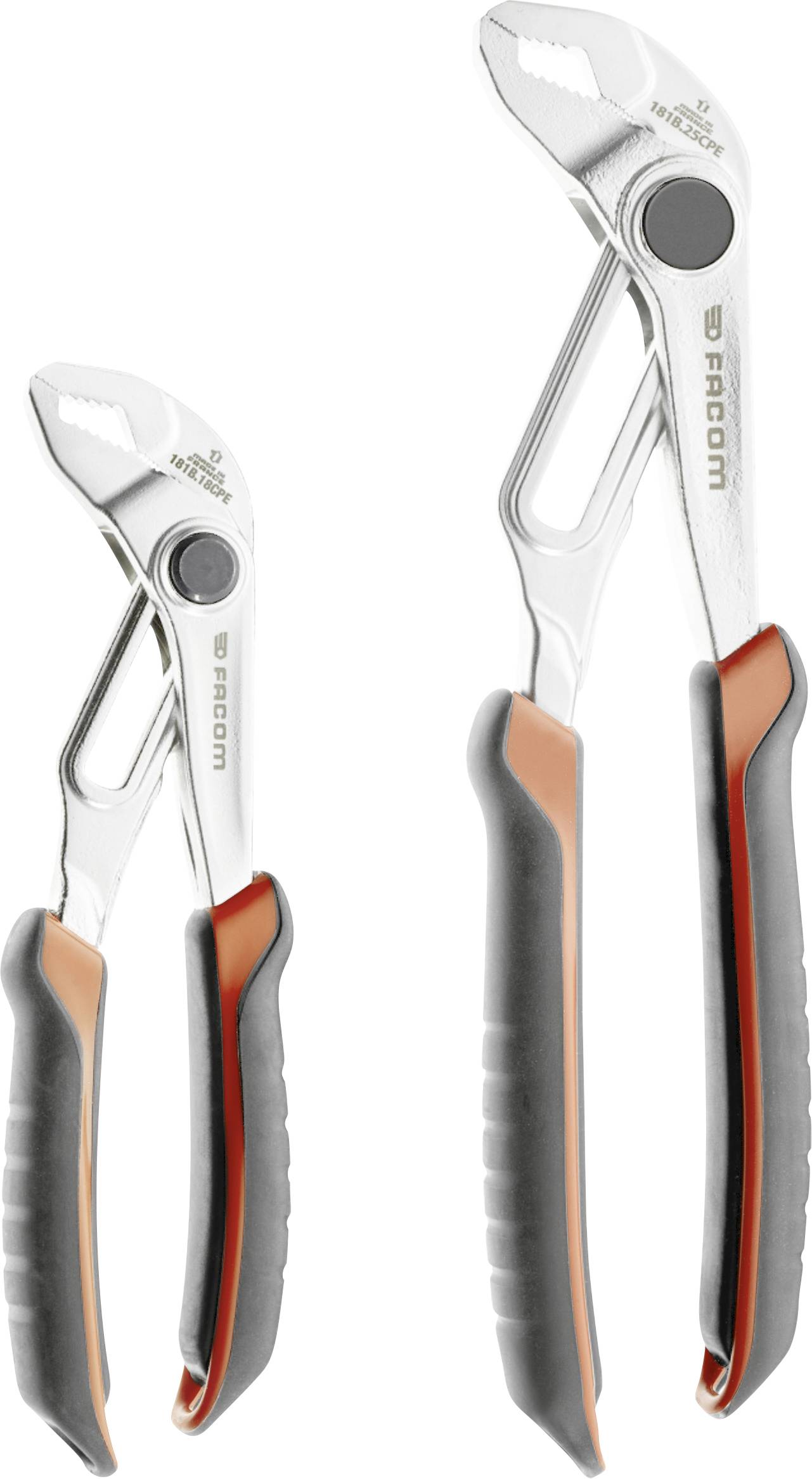 Deux pinces multiprises ajustables de tailles différentes, argentées avec des poignées noires et orange, présentées sur un fond blanc.