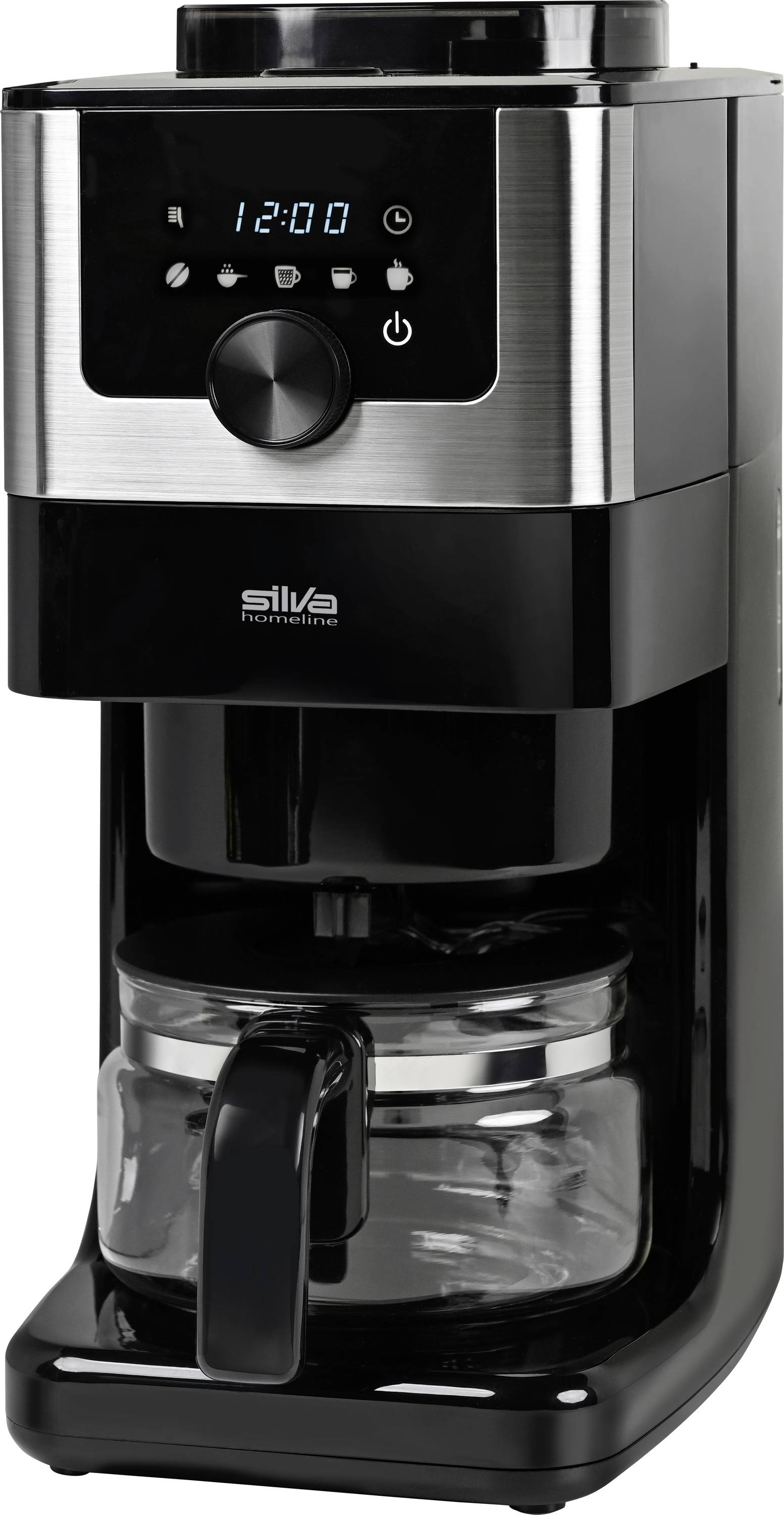 Une cafetière élégante, noire et en acier inoxydable, avec un écran numérique affichant « 12:00 ». Une carafe en verre repose sur le dessous.